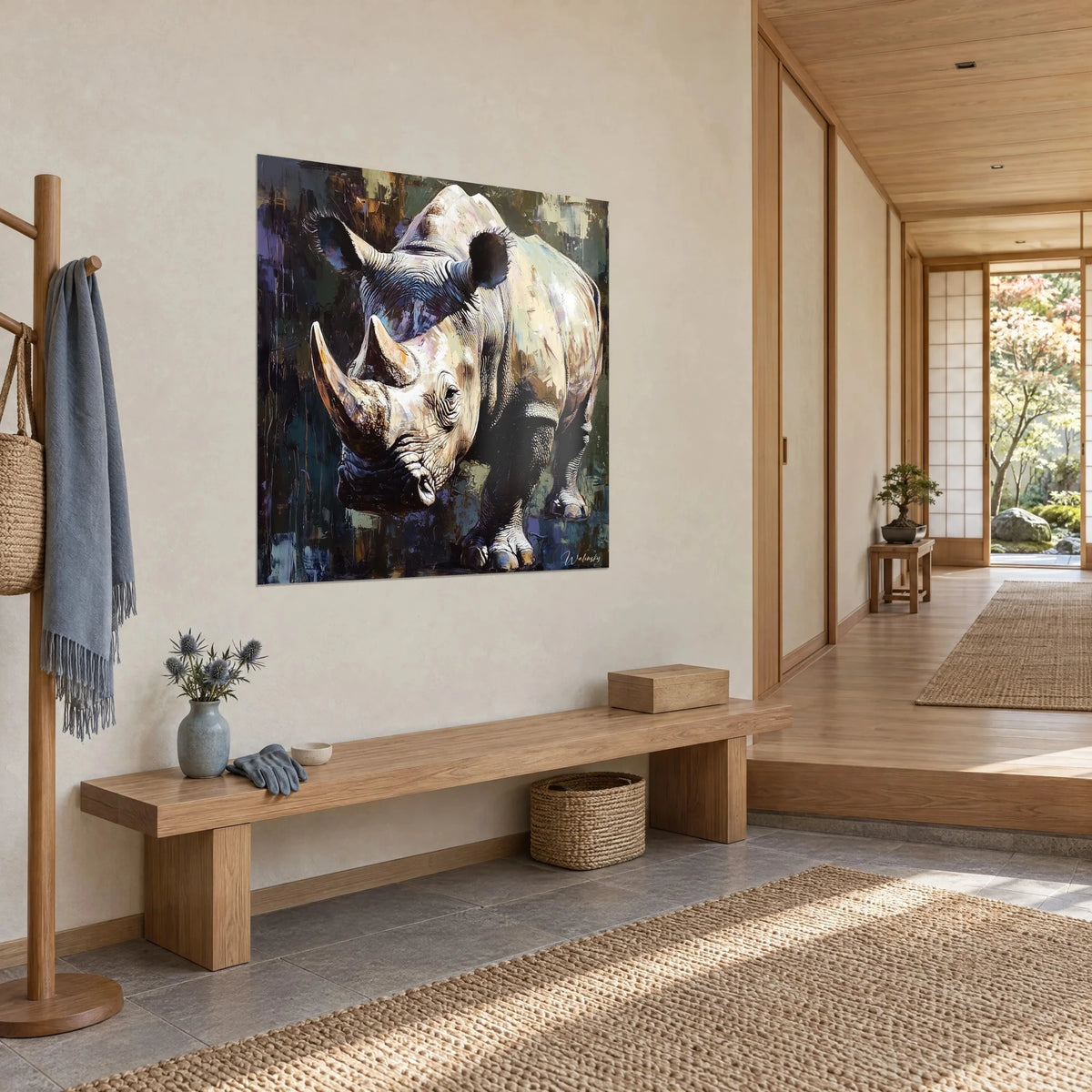Tableau pachyderme massif en peinture texturée, ocre et bleu nuit, couloir clair en bois et banc bas japandi
