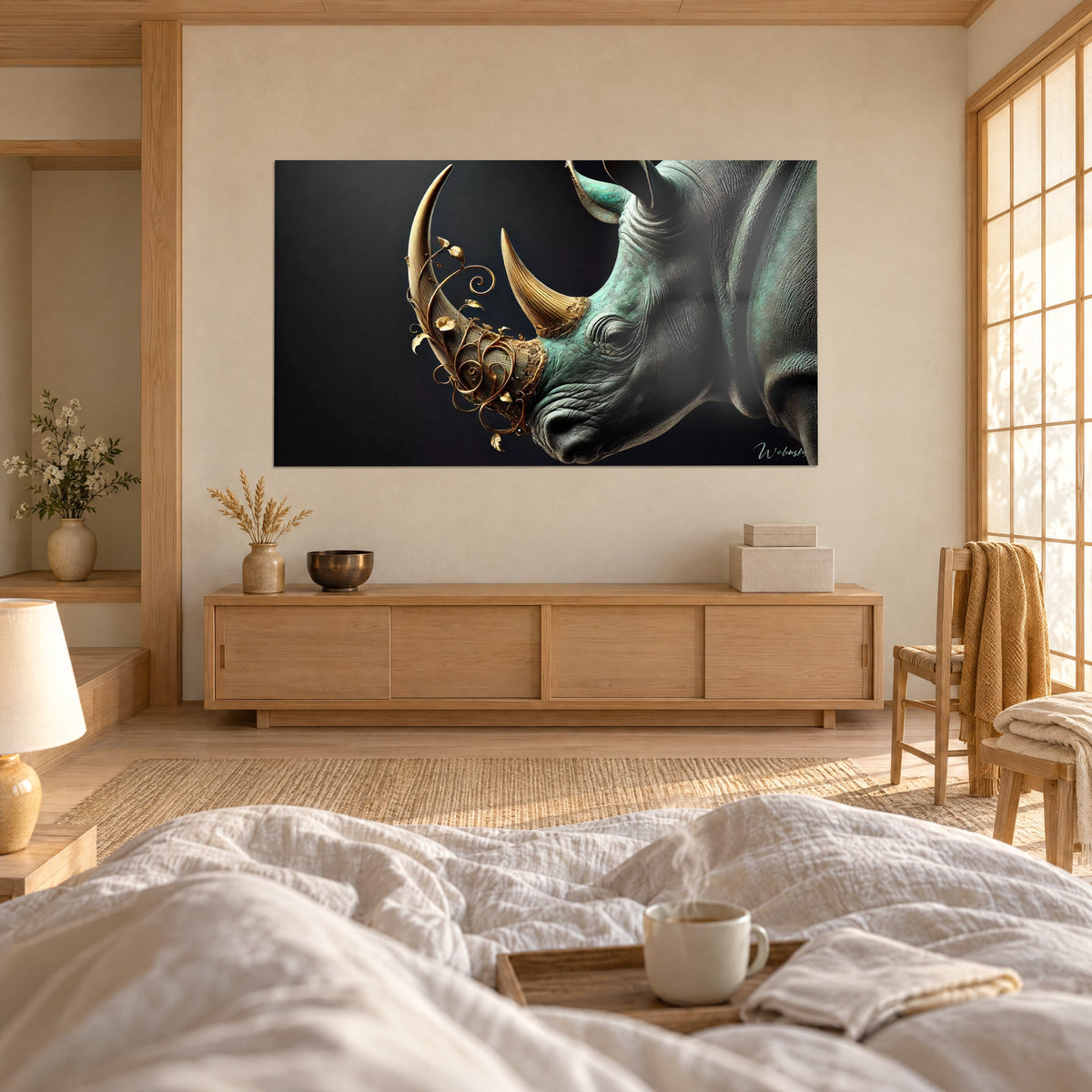 Cuadro de coloso acorazado con cuernos de oro, piel verde cardenillo y fondo negro profundo, encima de una cama en un dormitorio luminoso
