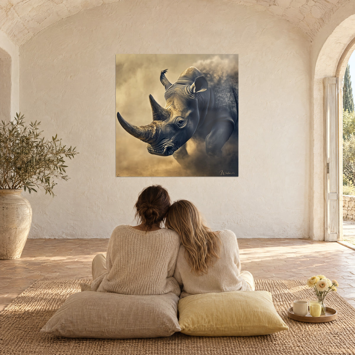 Wall art wild animal charging through a yellow and grey dust storm, horns forward, vaulted room with white walls in the farmhouse