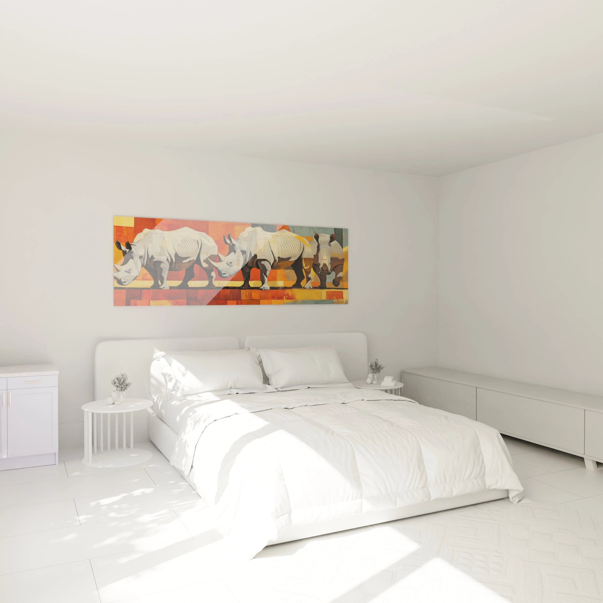 Tableau rhinocéros coloré Walensky accroché au-dessus d'un lit blanc dans une chambre lumineuse