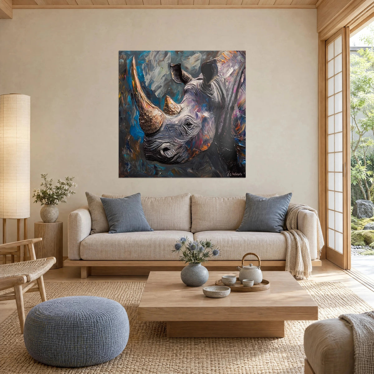 Tableau rhinocéros en pâte épaisse, corne cuivrée et fond bleu cobalt, au-dessus d'un canapé dans un salon lumineux