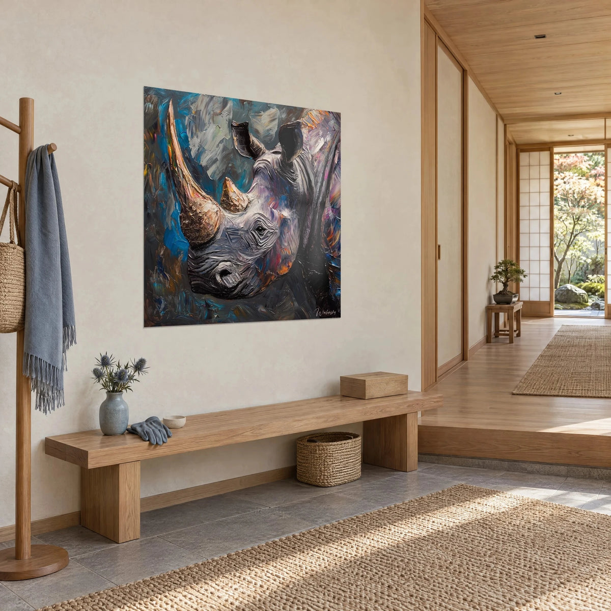 Tableau portrait de rhinocéros à la spatule, peau gris perle et touches roses, vue de trois-quarts dans un couloir japandi