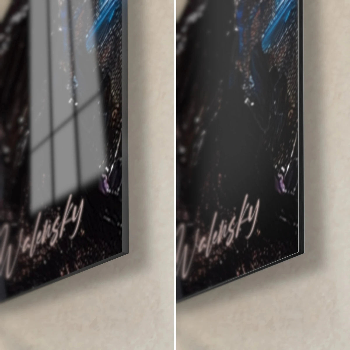 Tableau rhinocéros à l'huile, coin bas droit en verre brillant et alu Dibond mat, signature rose, tranche de 3 mm