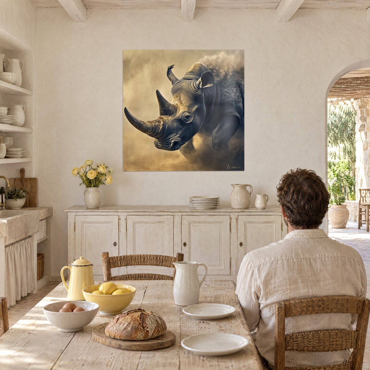 Wall art rhinoceros in profile, powerful horn and wrinkled eye, dusty beige and blue-grey sky, farmhouse dining room