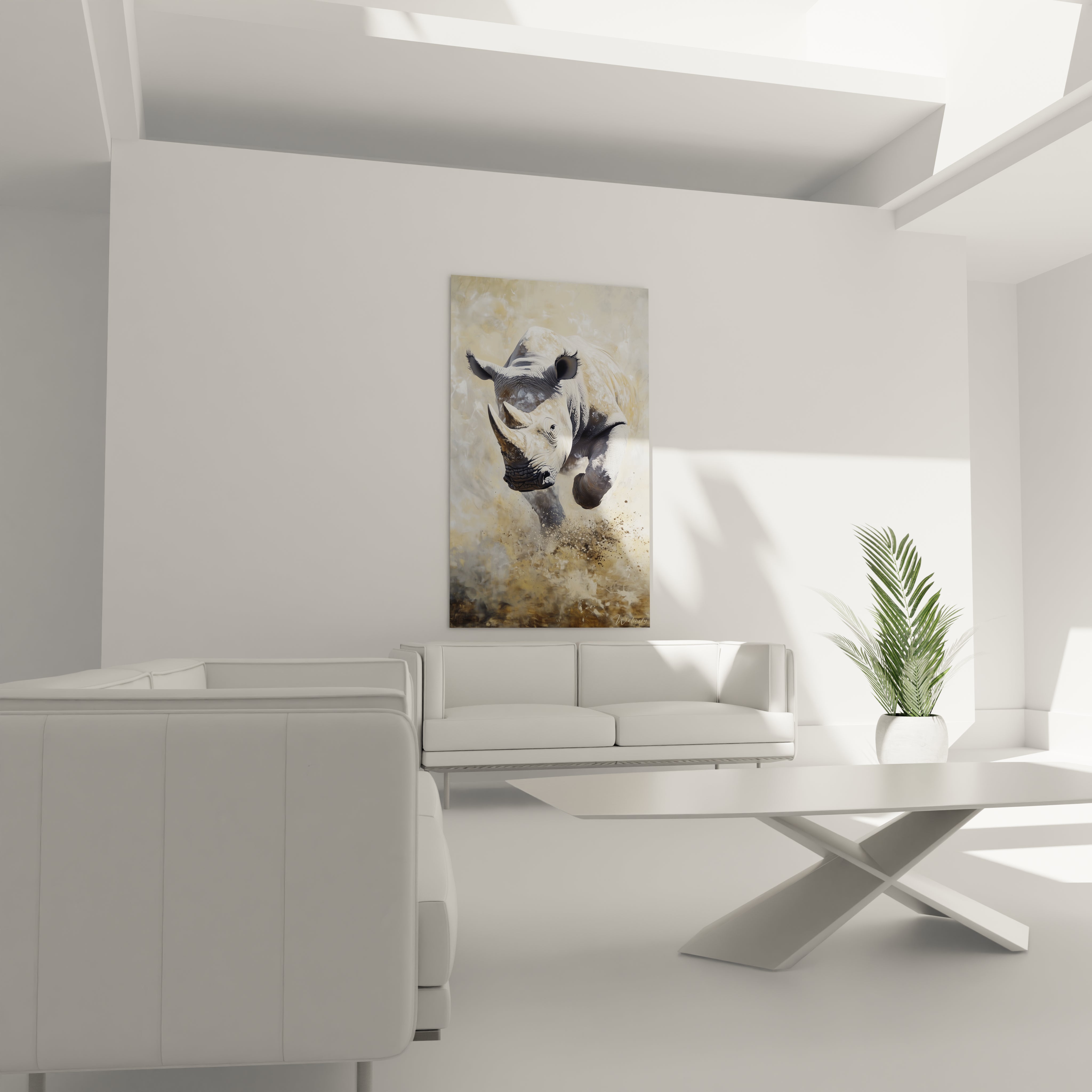 Tableau rhinocéros Walensky accroché dans un salon moderne avec canapé blanc et plante verte