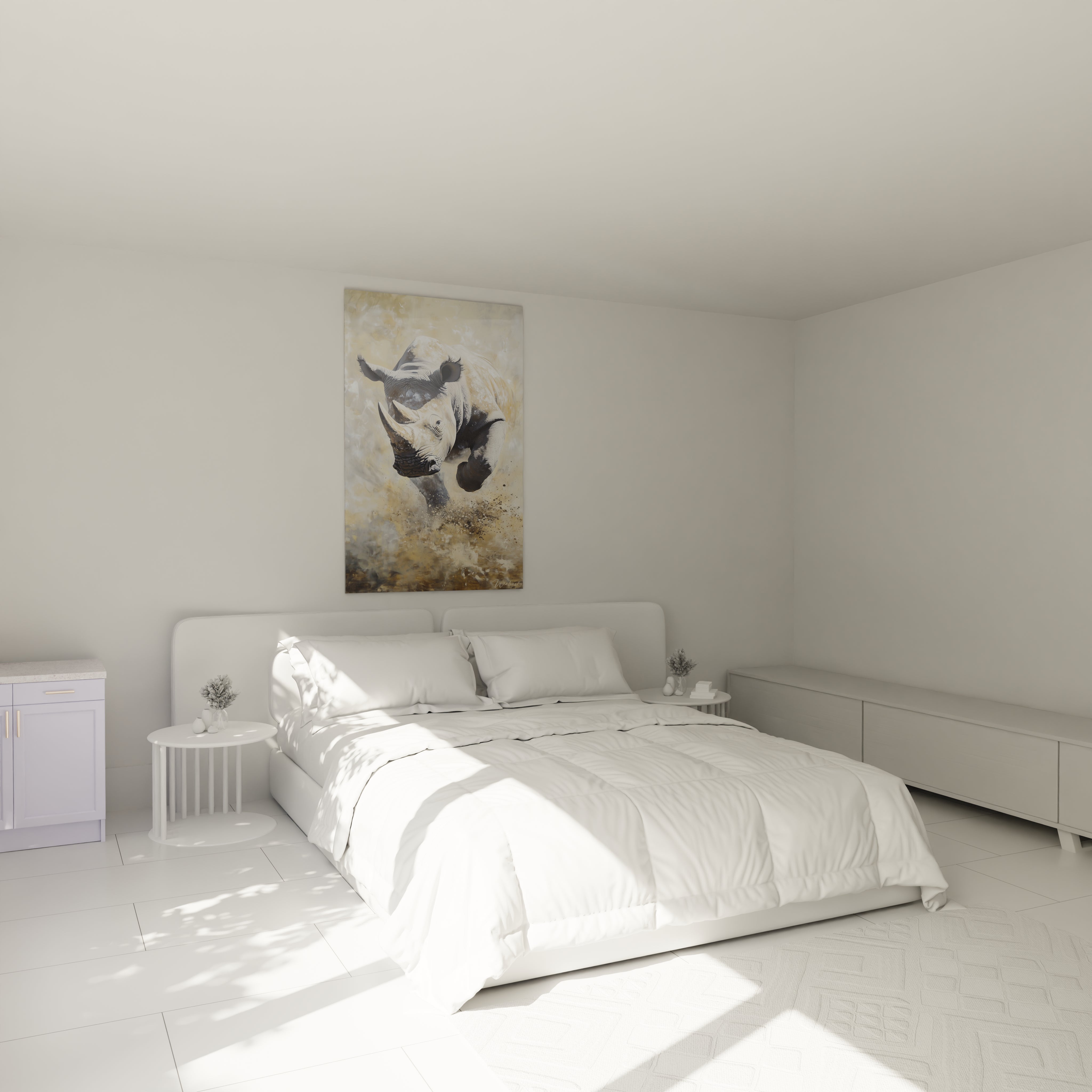 Tableau rhinocéros Walensky suspendu au-dessus d'un lit blanc dans une chambre moderne et lumineuse