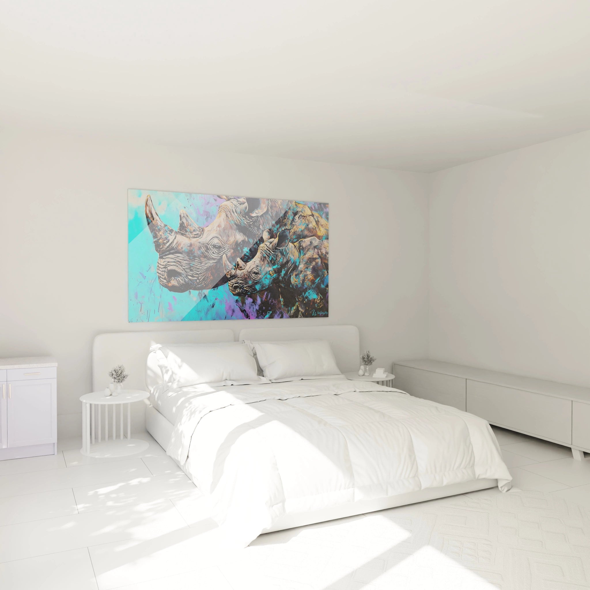 Tableau rhinocéros coloré Walensky accroché au mur d'une chambre blanche moderne