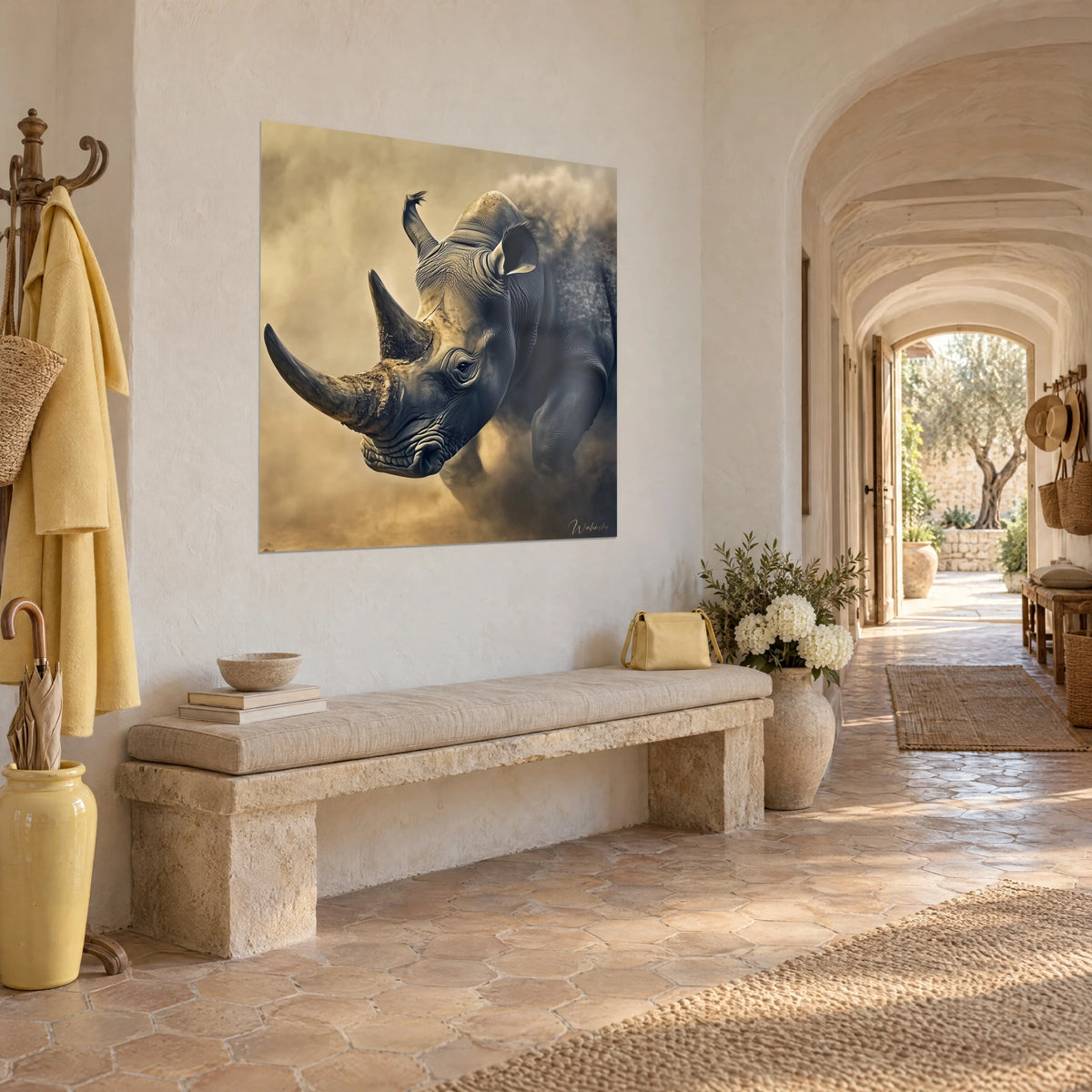 Wall art armoured colossus with two dark horns, sand mist and slate blue, lime-washed wall of a vaulted corridor in the farmhouse