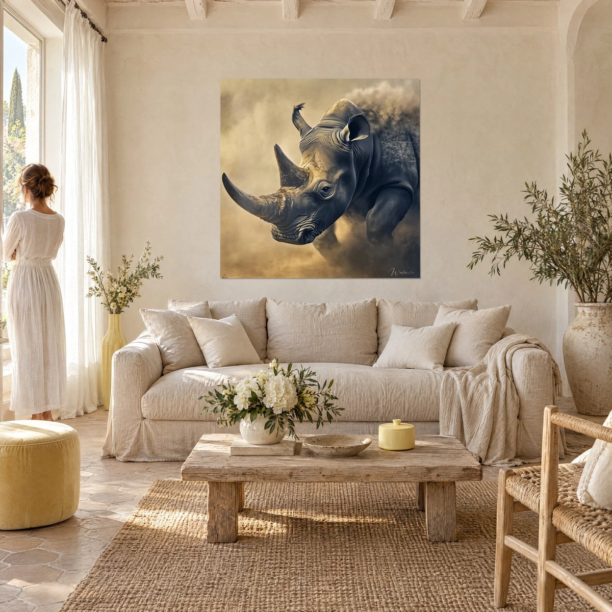 Wall art charging rhinoceros in an ochre dust cloud, grey horns and wrinkled skin, above a sofa in a bright living room