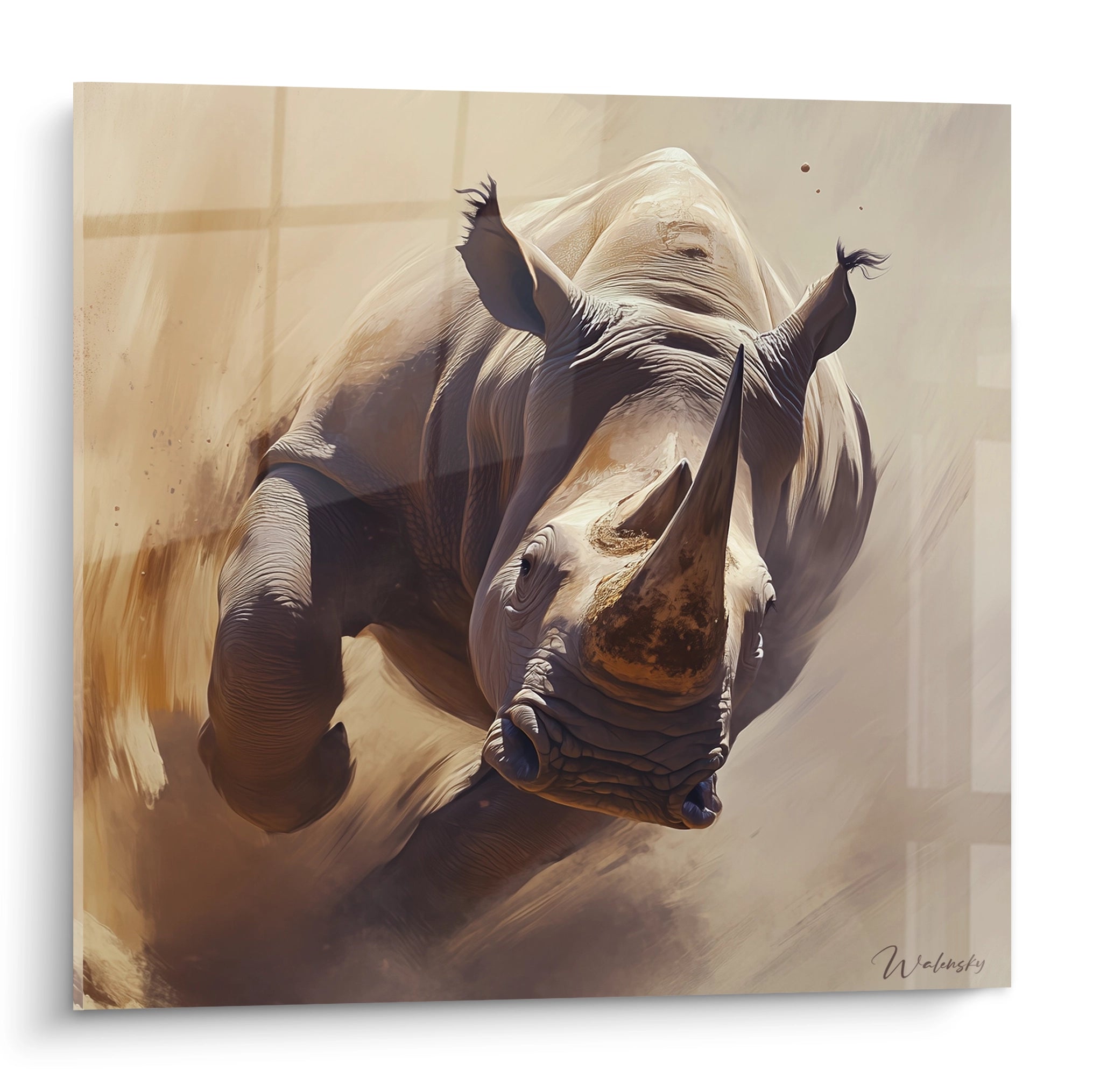Tableau rhinocéros signé Walensky représentant un rhinocéros en mouvement dans des tons beige et marron