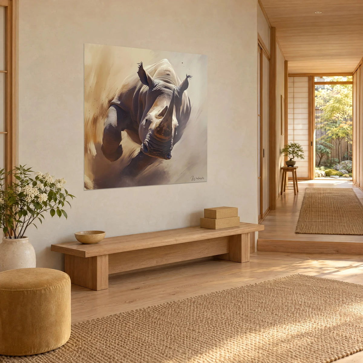 Tableau pachyderme à corne pointue en peinture sable et brun, mur crème, banc en bois clair, couloir japandi
