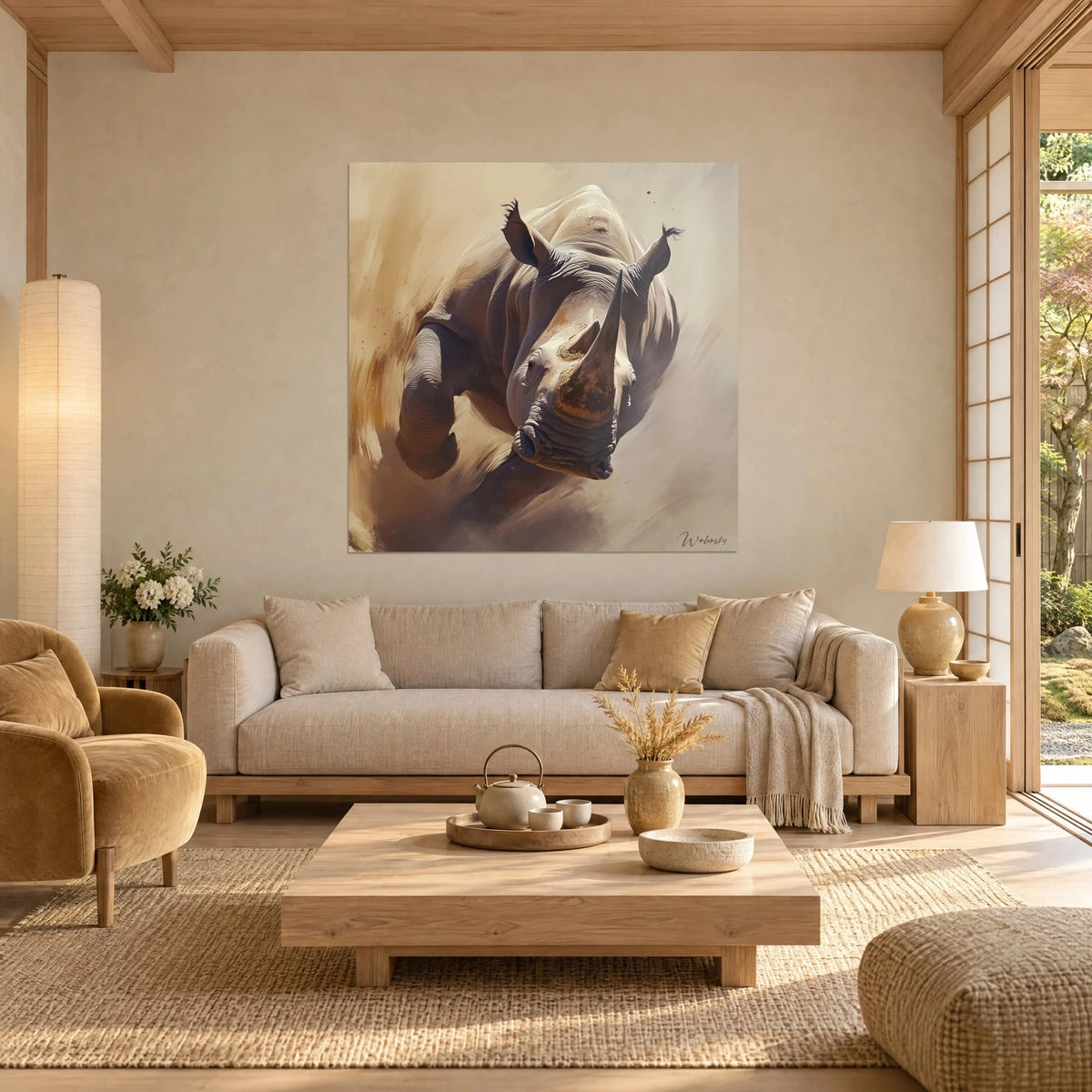 Tableau rhinocéros chargeant dans un nuage de poussière ocre et beige, corne cuivrée, au-dessus d'un canapé dans un salon lumineux