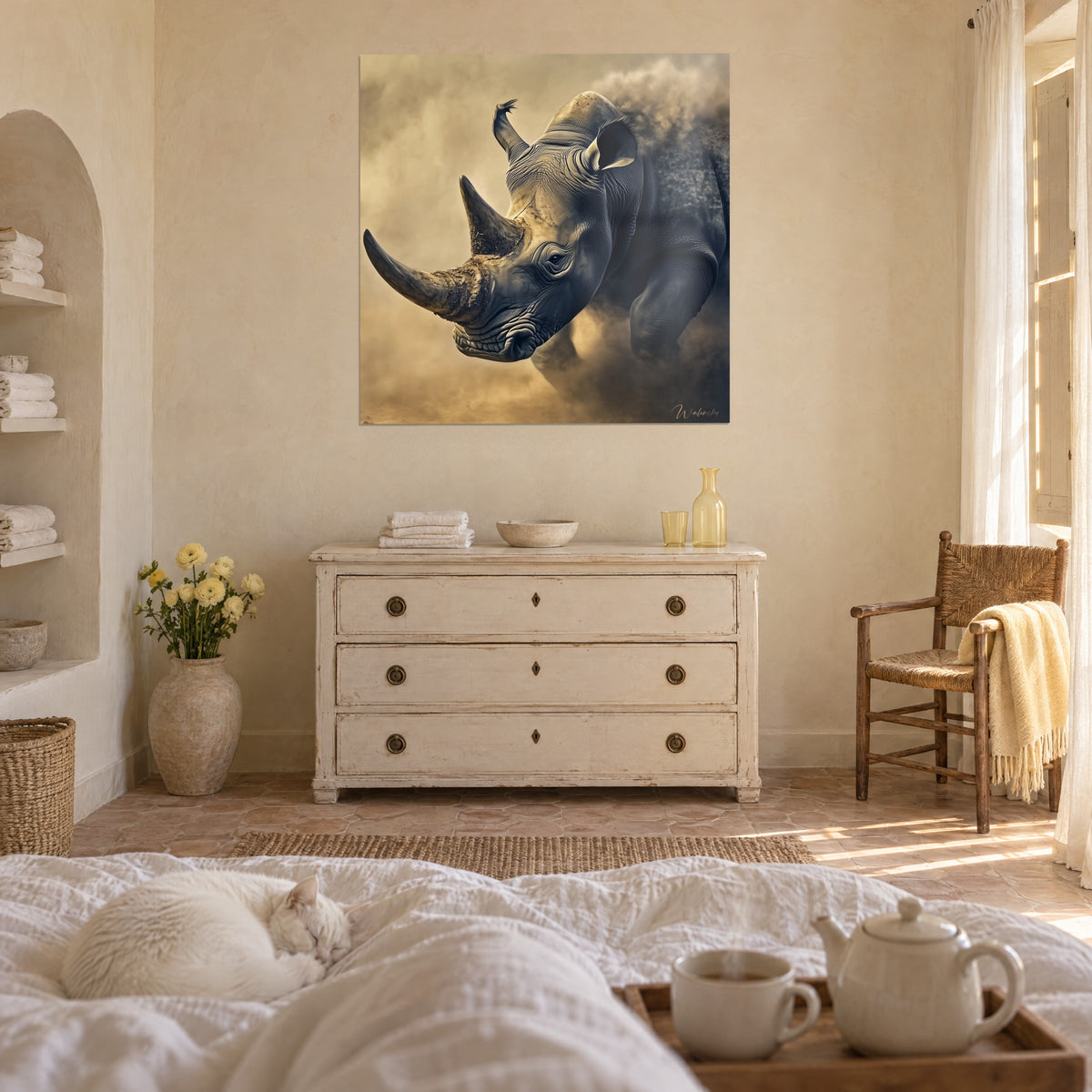 Wall art massive beast raising a cloud of golden sand, steel-blue reflections on the skin, above a bed in a bright bedroom
