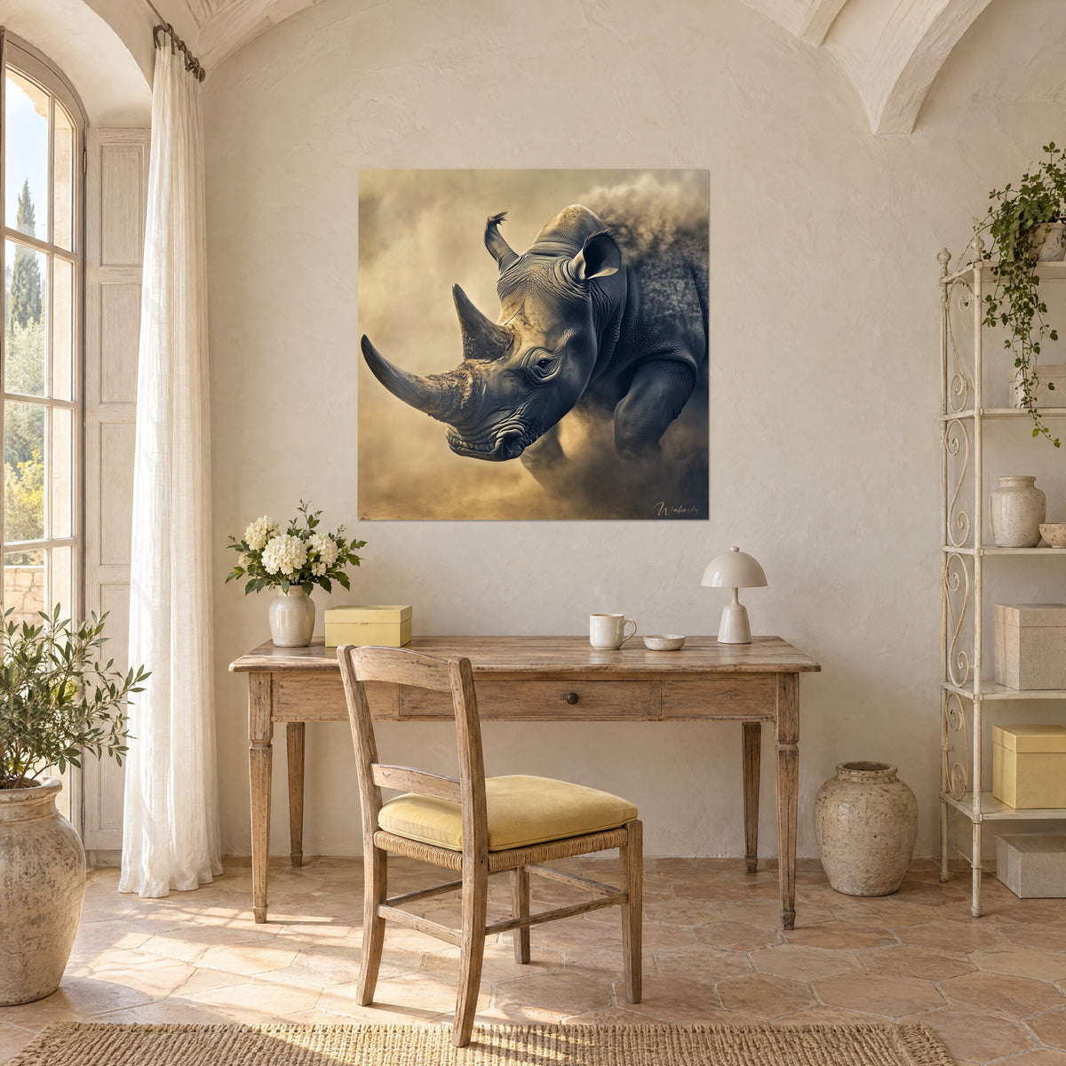Wall art giant African animal with grey-blue armoured skin, swirling golden dust, cream wall above a wooden desk
