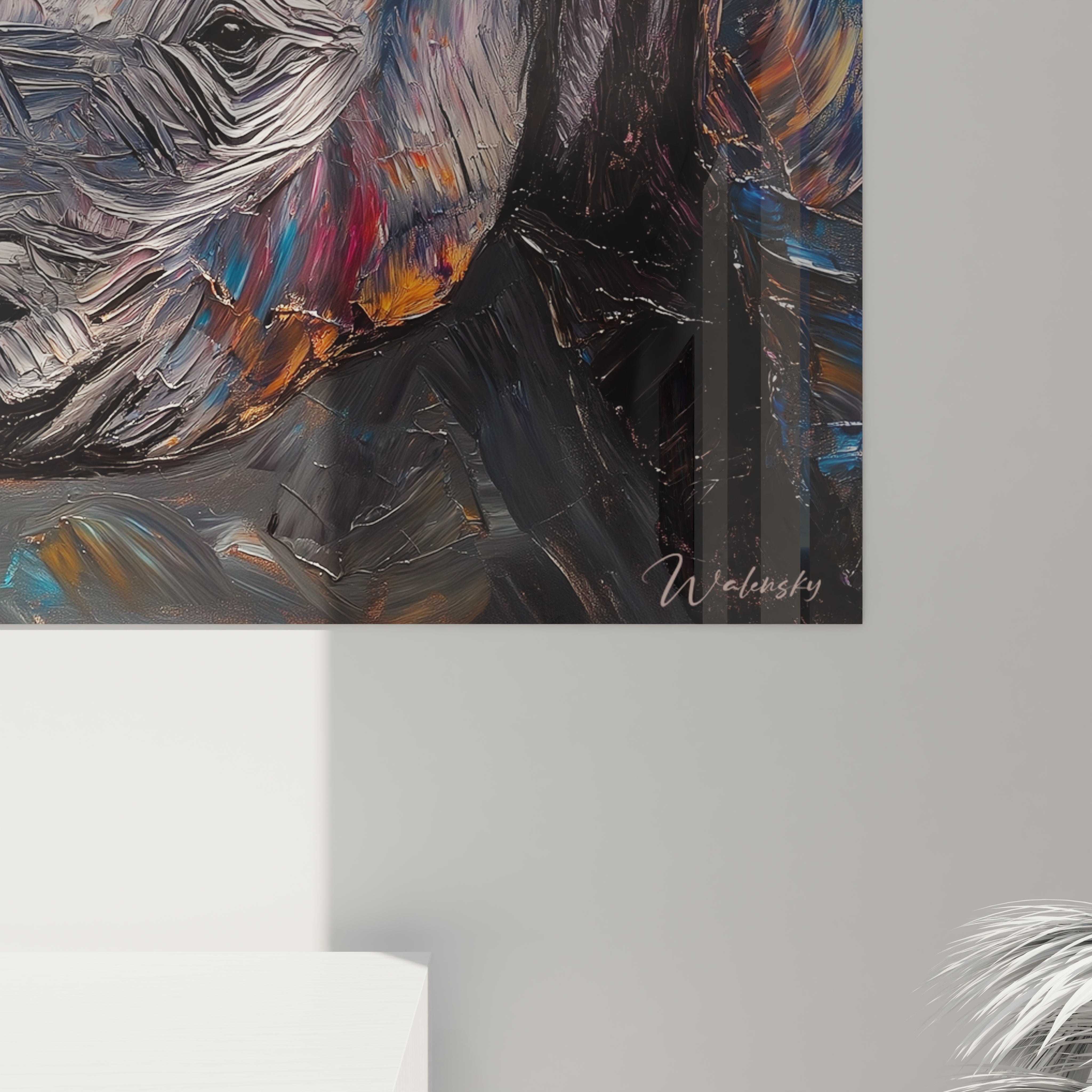Tableau rhinocéros Walensky peint à la main avec couleurs vives et textures épaisses