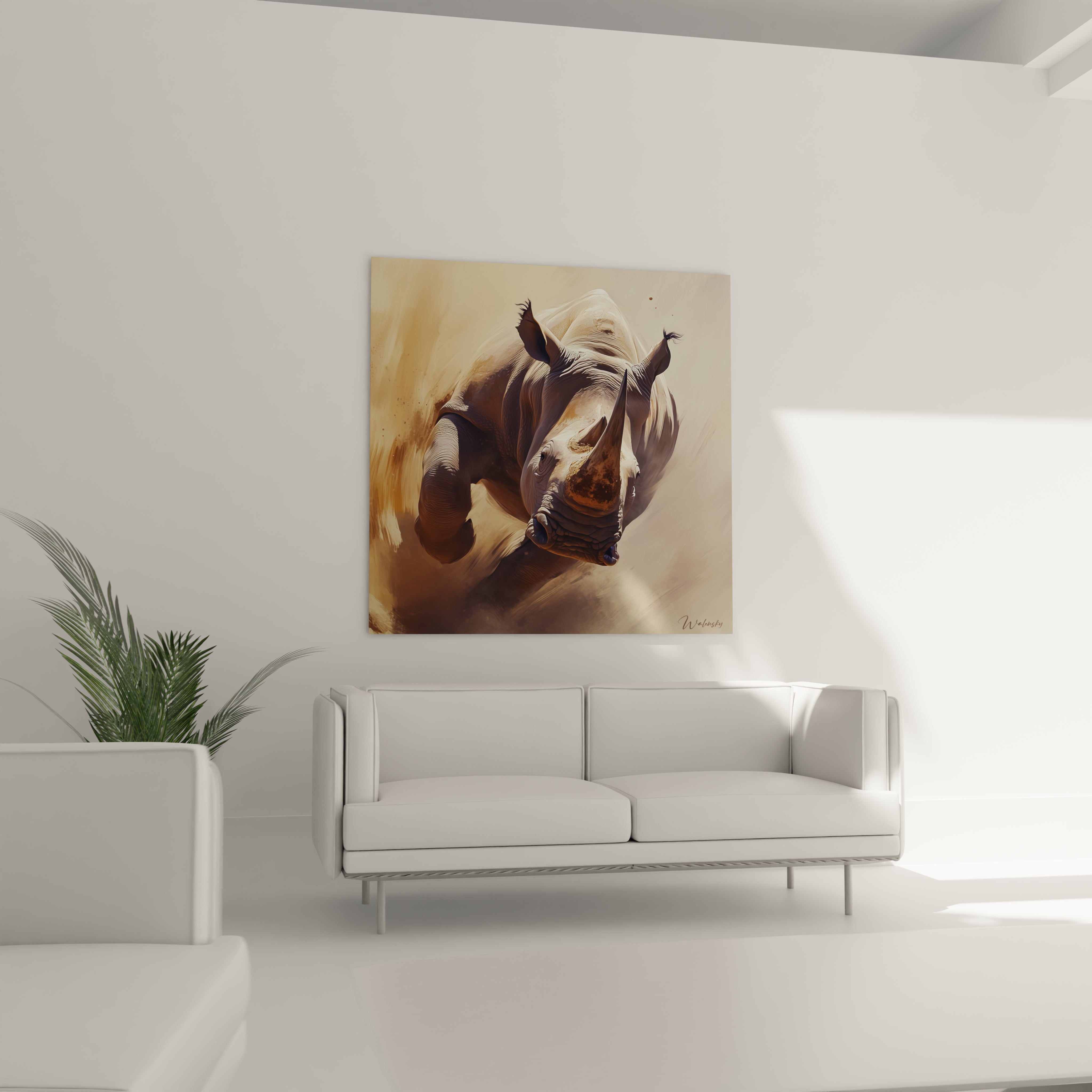 Tableau rhinocéros de Walensky accroché au-dessus d'un canapé blanc dans un salon moderne lumineux