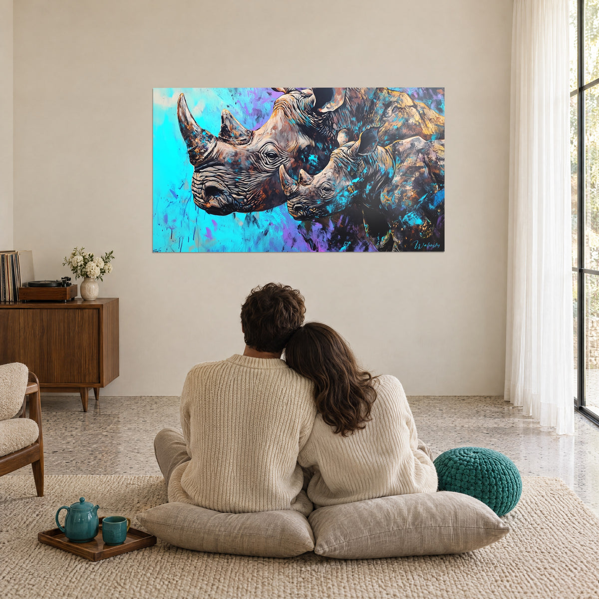 Cuadro madre rinoceronte protegiendo a su cría, marrón dorado y azul glaciar, frente a una pareja sentada en cojines en una sala de estar