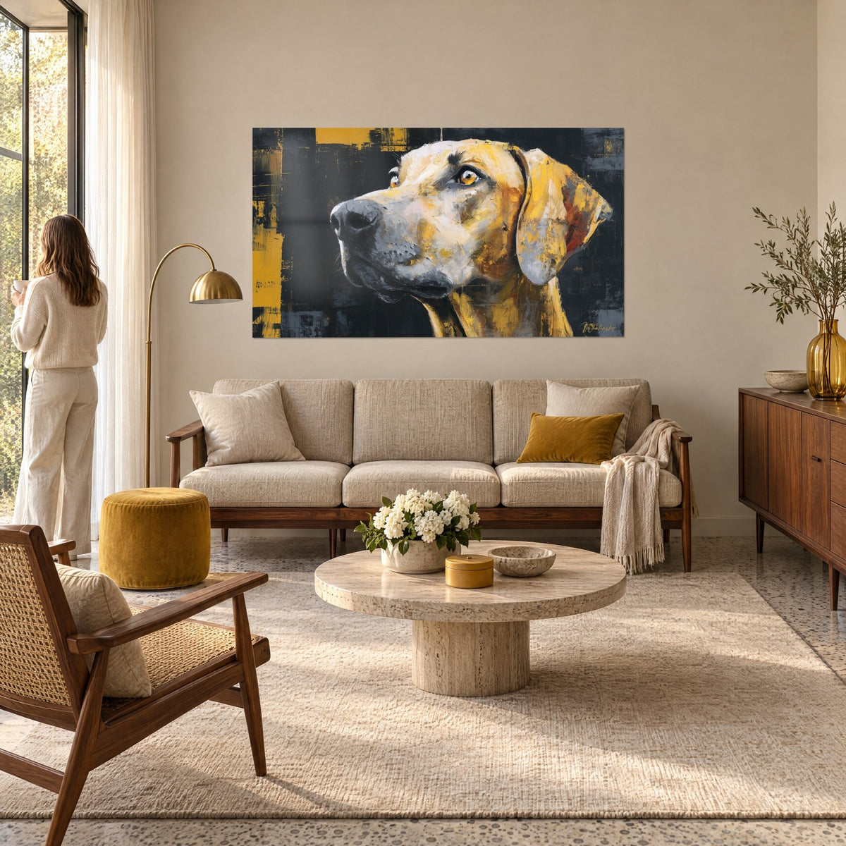 Tableau Rhodesian Ridgeback au pelage ocre et jaune, museau gris tourné vers la gauche, au-dessus d'un canapé dans un salon lumineux