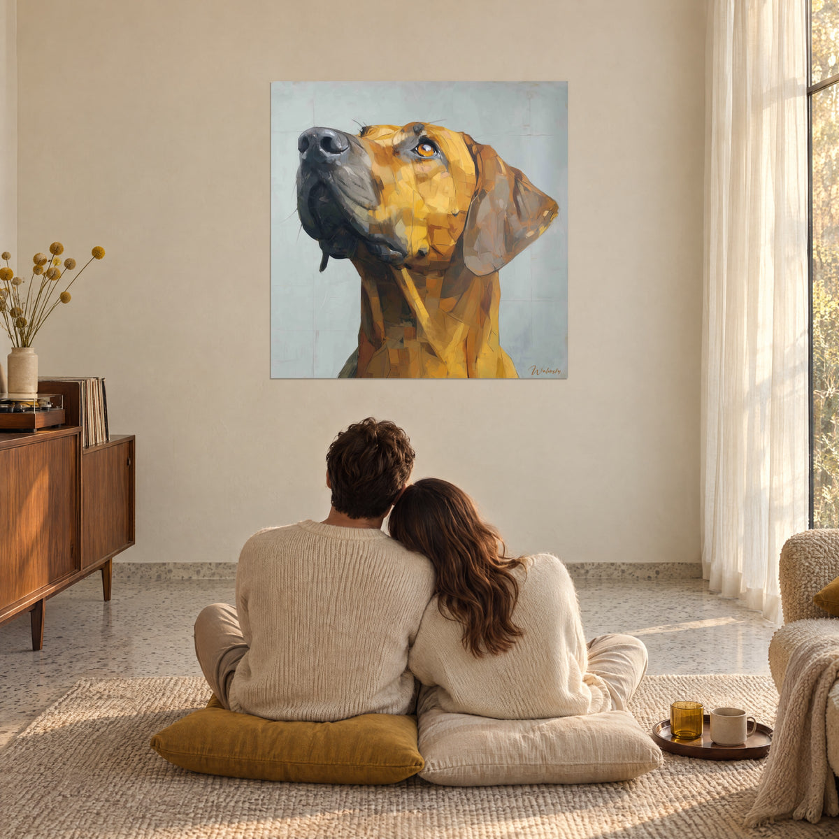 Πίνακας Rhodesian Ridgeback που κοιτάζει στον ουρανό, μελί τρίχωμα και απαλό γκρι φόντο, ένα ζευγάρι από πίσω καθισμένο σε μαξιλάρια στο πάτωμα