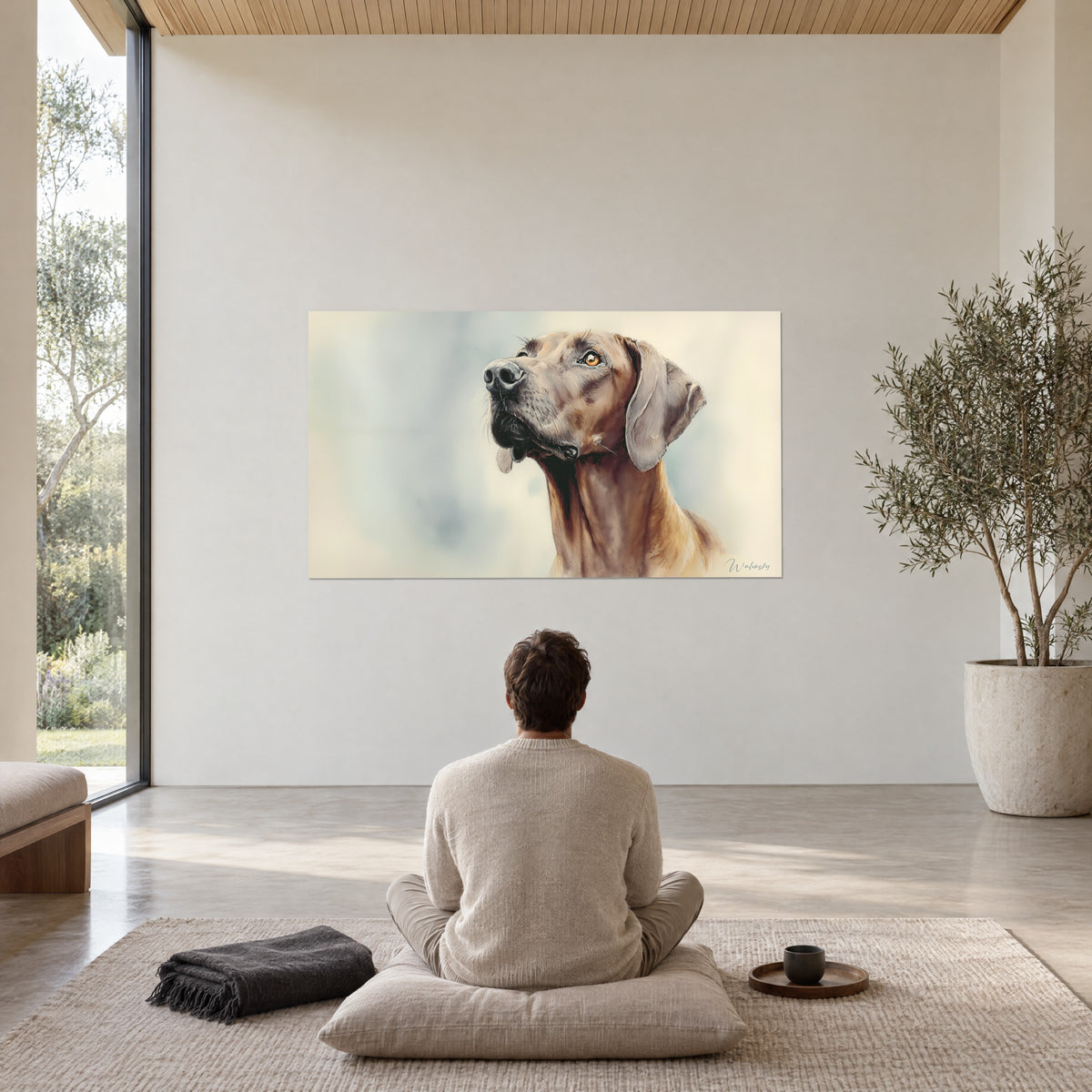 Cuadro de un ridgeback macho leonado mirando al cielo, fondo marfil y azulado, frente a una persona sentada de espaldas en meditación