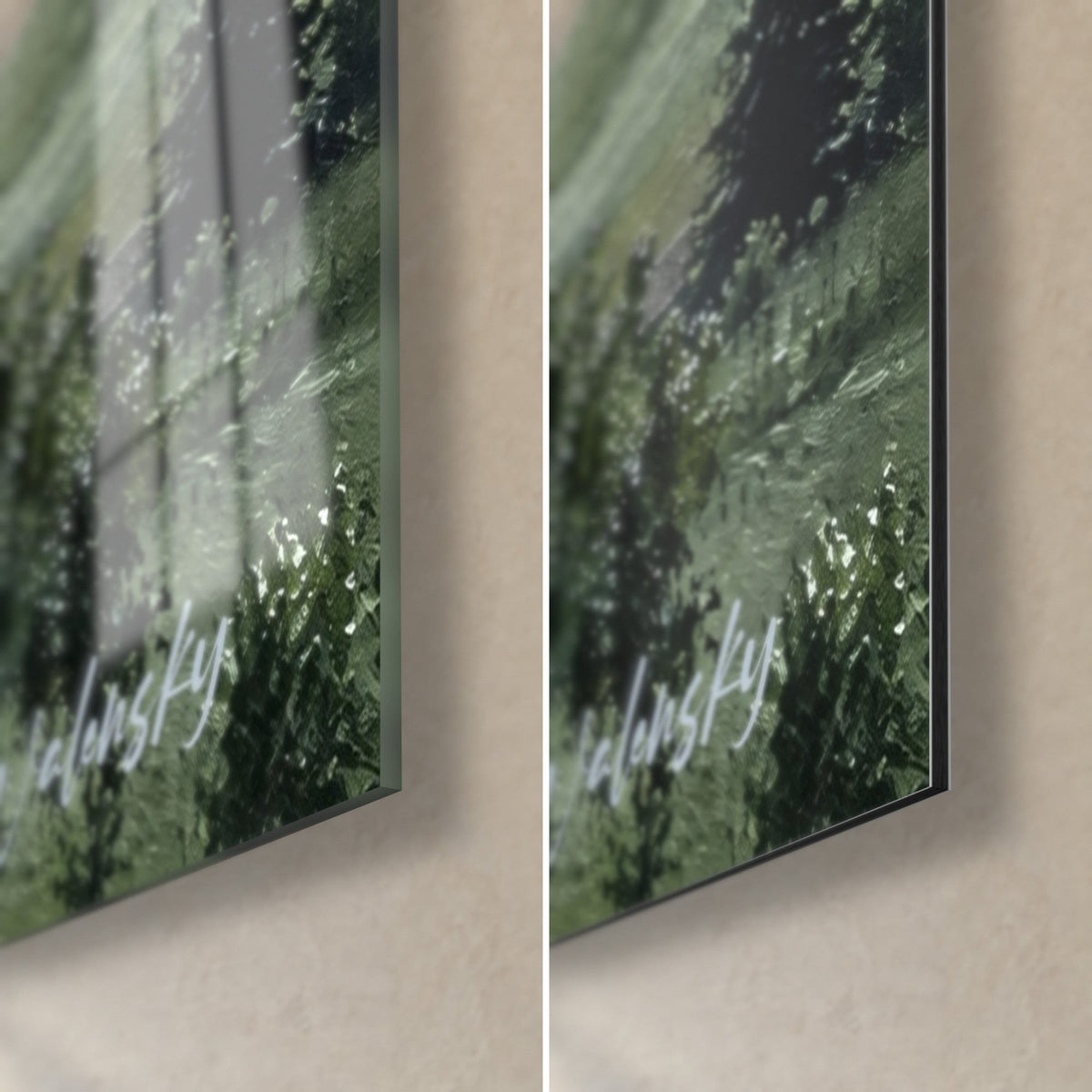 Wall art of rolling countryside, bright green blades of grass beaded with dew on the black edge, glossy glass on the left, matte Dibond on the right