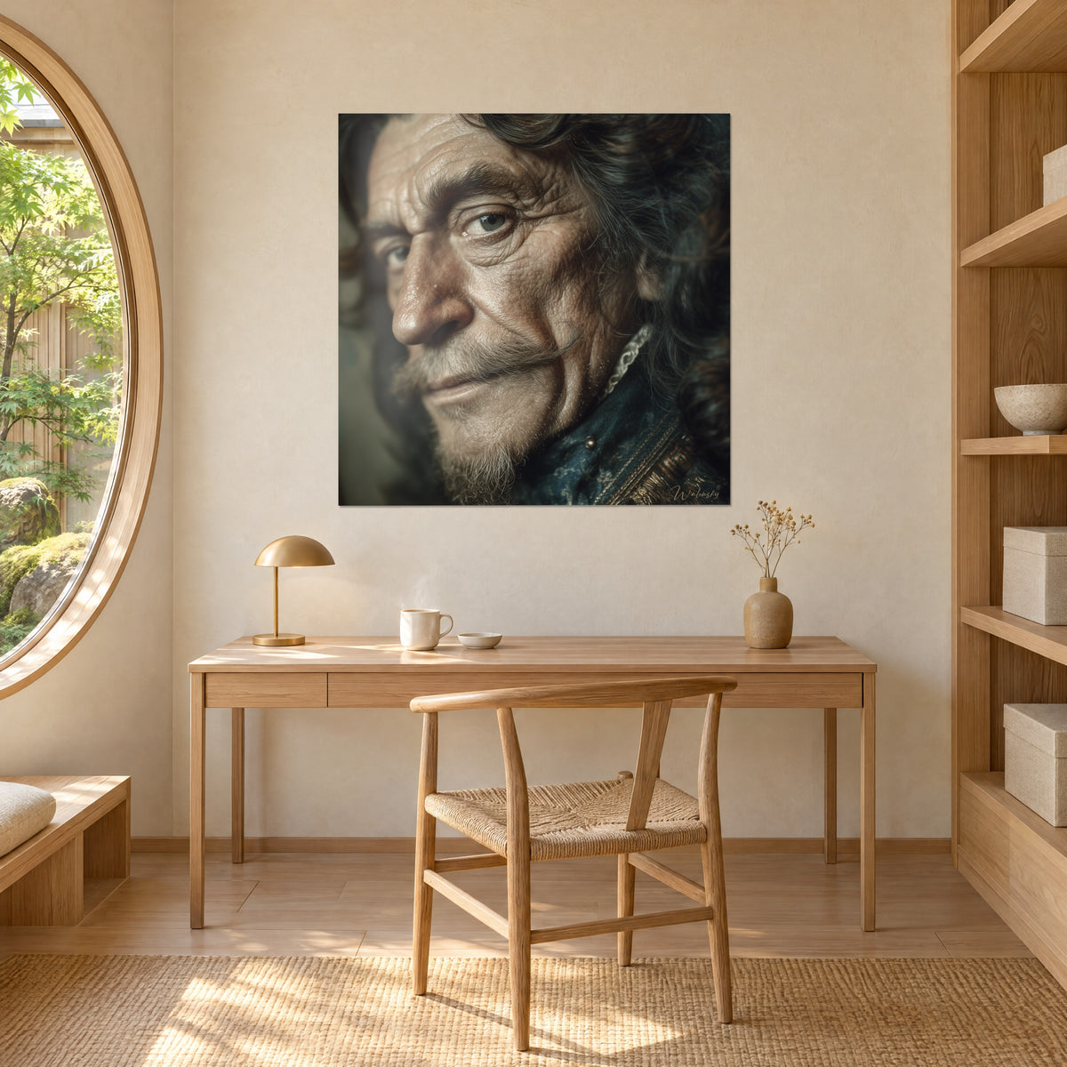 Cuadro retrato realista de un noble de mirada penetrante, tez bronceada, perilla plateada y cuello blanco bordado, frente a un escritorio de madera clara