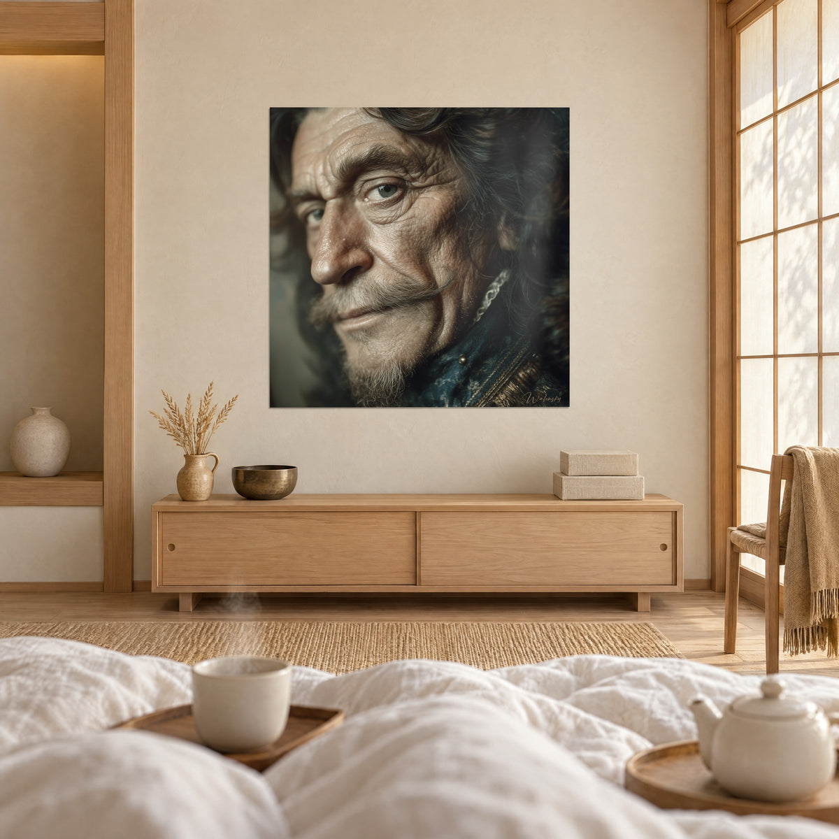 Cuadro caballero de sonrisa ladeada, ojos claros, piel bronceada y chaqueta azul oscuro, sobre una cama en un dormitorio luminoso