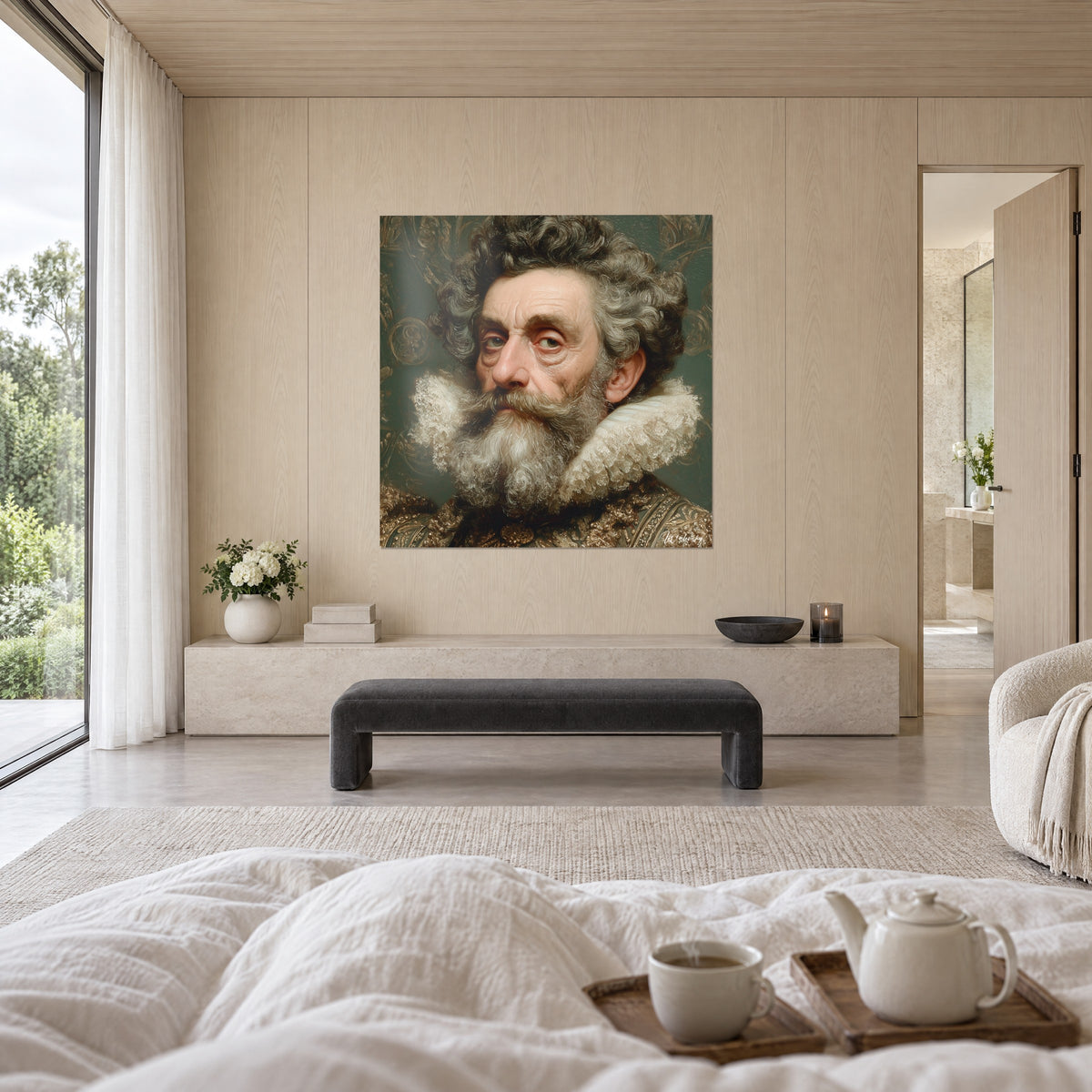 Cuadro de un señor con bigote y barba blanca, gorguera crema, fondo verde grisáceo, jubón dorado, encima de una cama en un dormitorio luminoso