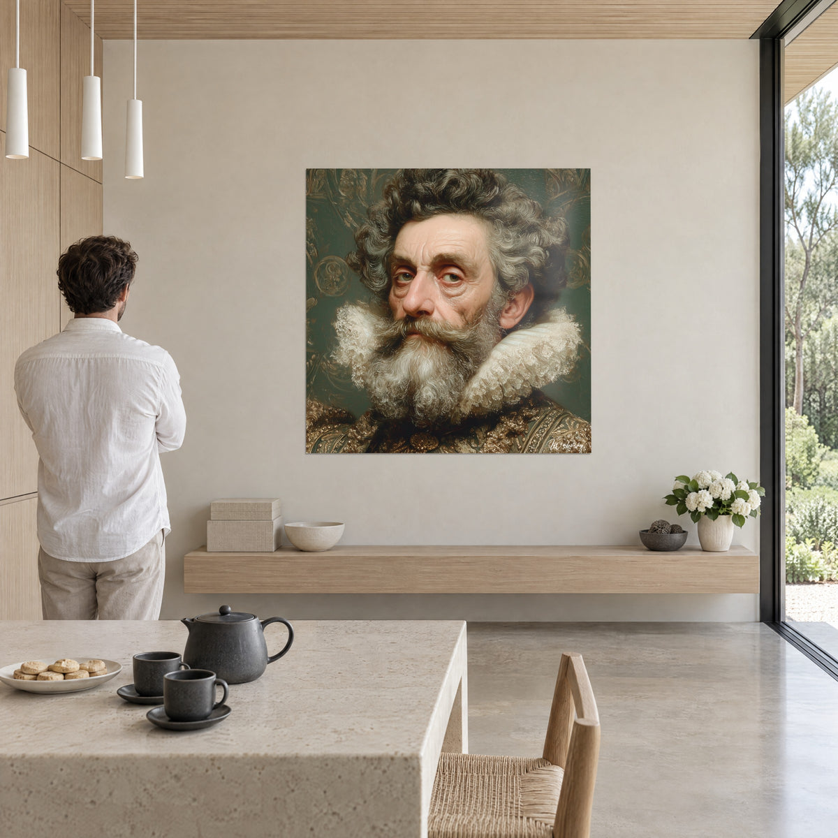 Cuadro retrato de estilo renacentista de un hombre de mirada grave, rizos canosos, gorguera blanca, fondo verde oliva, frente a un hombre en camisa
