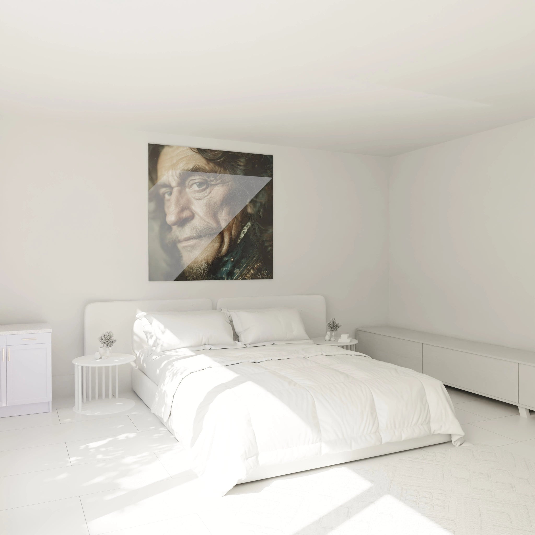 tableau artistique regard éternel Walensky portrait visage ancien toile carrée accroché au dessus du lit chambre blanche