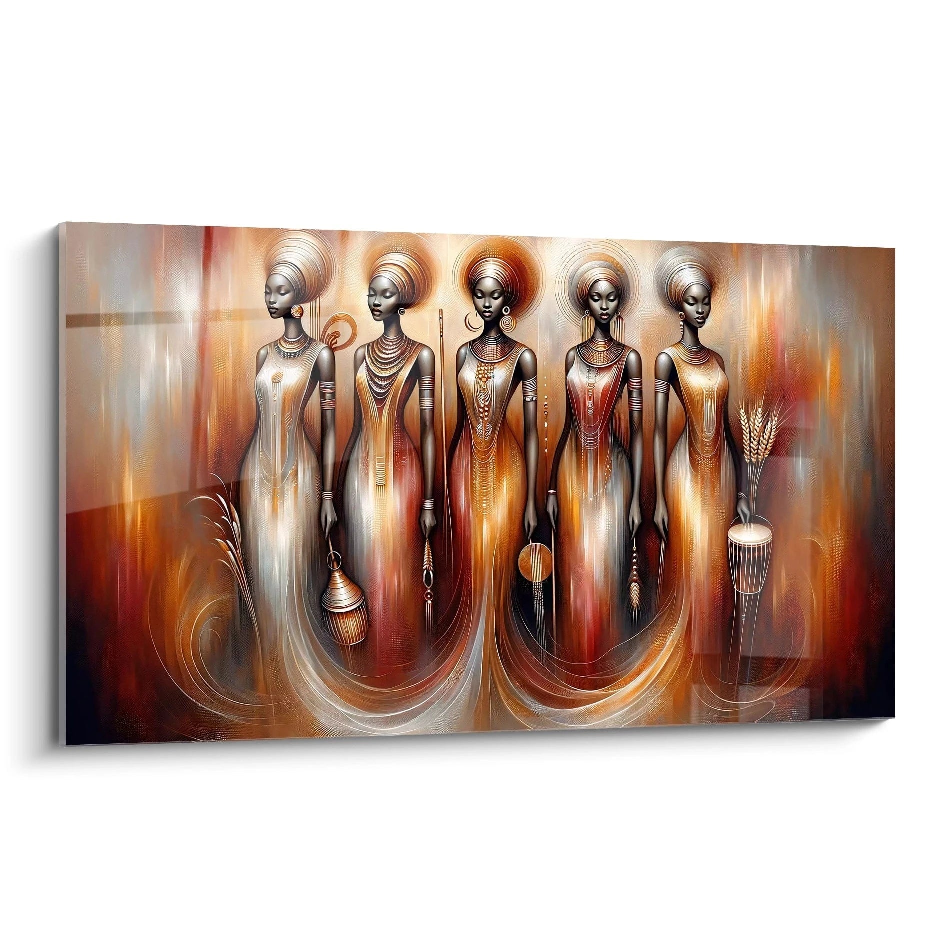 Le tableau africain vu de biais, ses couleurs dorées et bronze captent la lumière. Les silhouettes féminines, gracieuses et majestueuses, illustrent la beauté des traditions ancestrales africaines.

