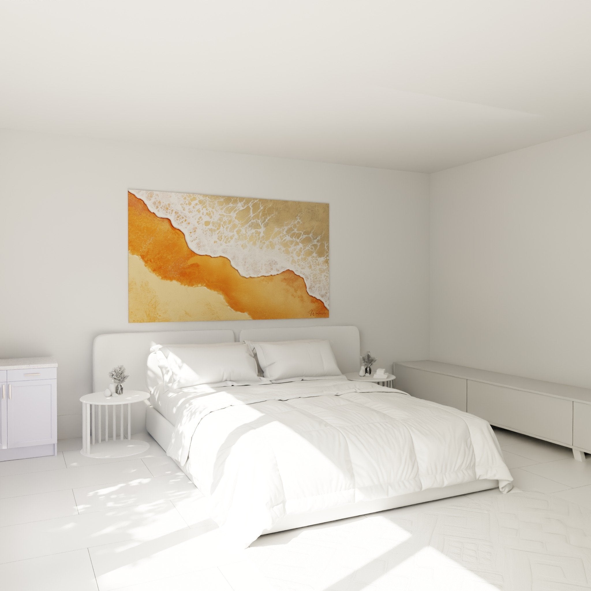 Goldenes Küstenbild im modernen Schlafzimmer mit weißen Wellen und Sandtönen, Feng-Shui-Erdmitte