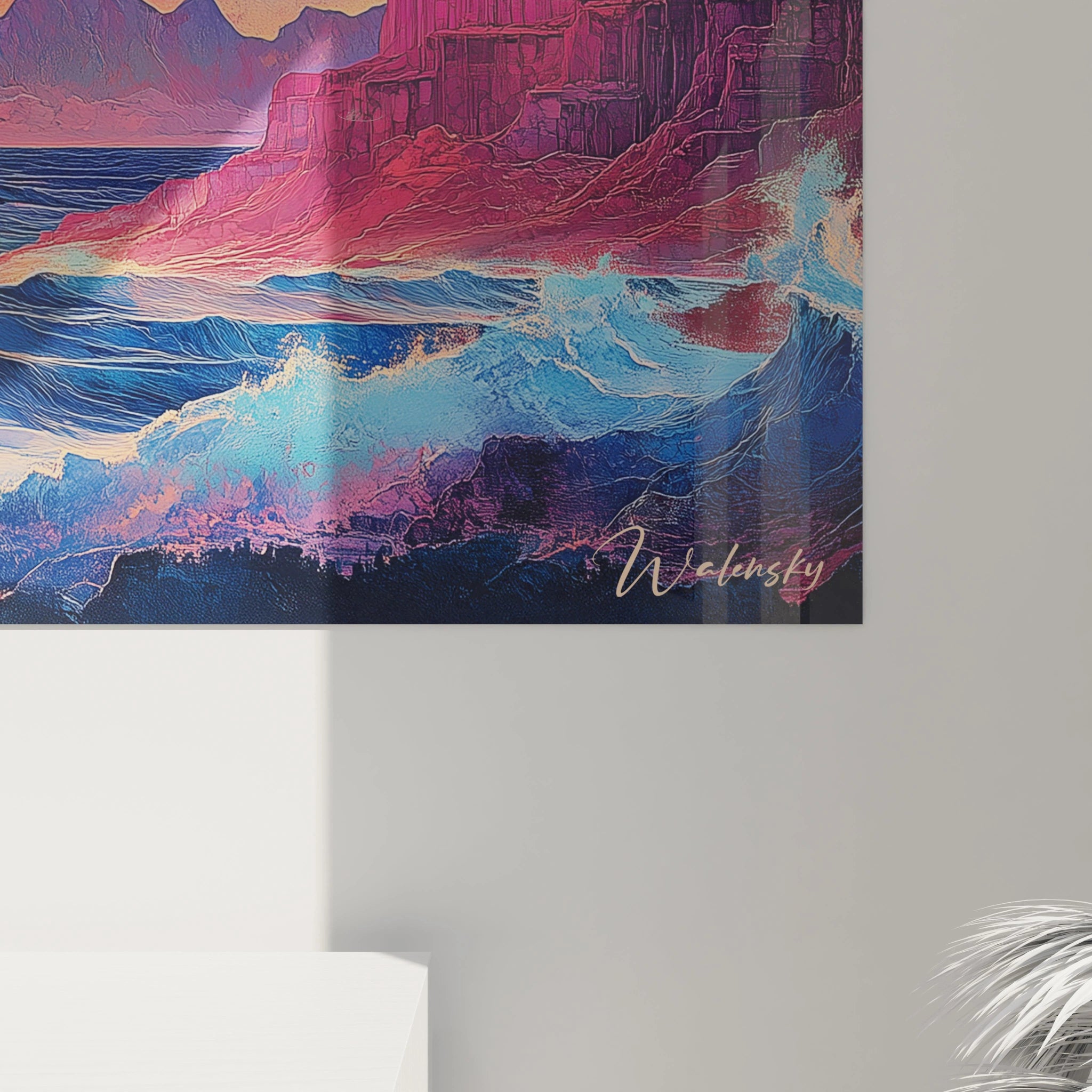 Un tableau mer lunaire captivant une scène onirique où l'océan bleu contraste avec des falaises rouges sculptées, sous un ciel nocturne parsemé d'étoiles dorées et dominé par une lune ambrée brillante qui baigne l'ensemble d'une lumière chaude.
