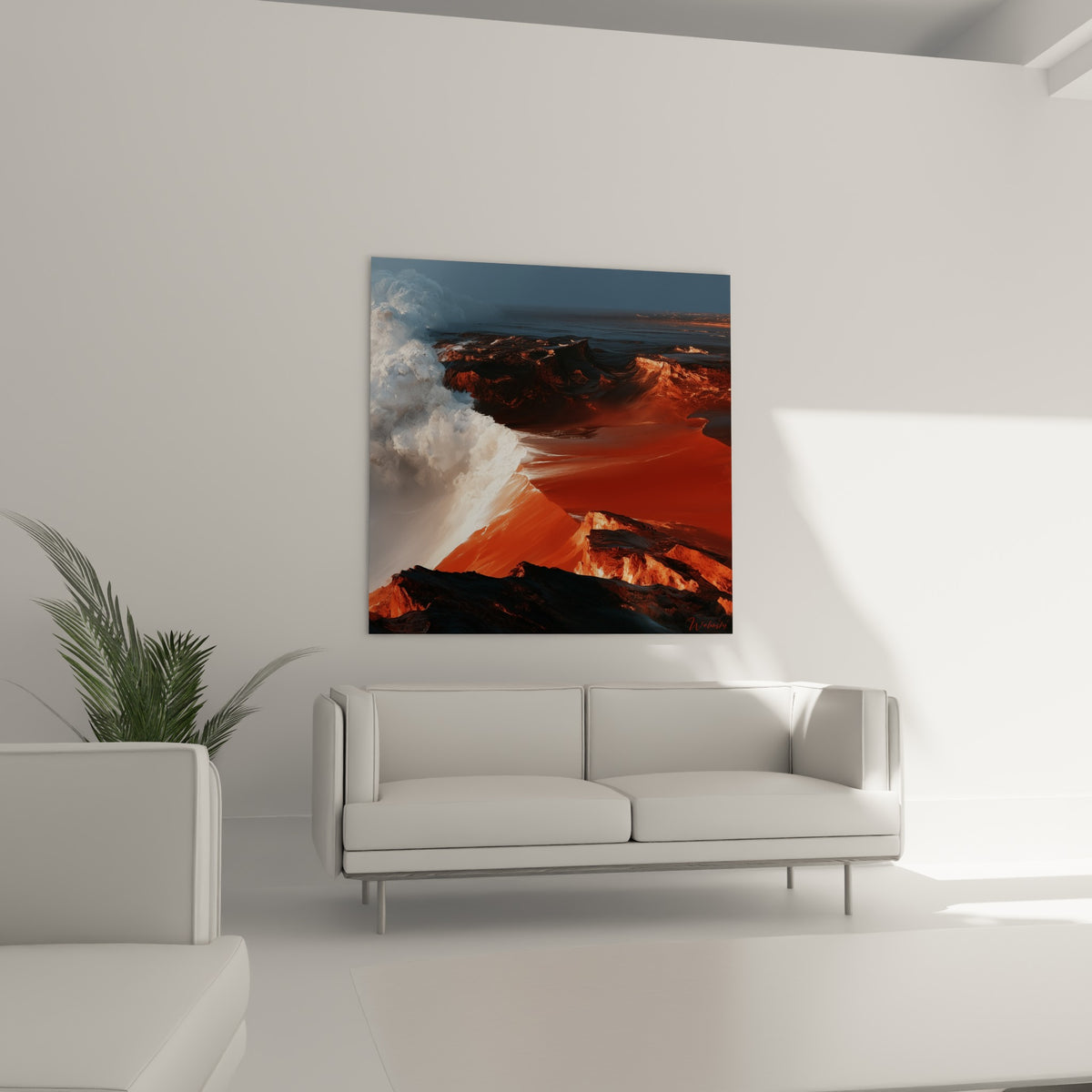 Rivage terracotta et vague immaculée formant ce tableau placé au-dessus d'un canapé dans un salon lumineux