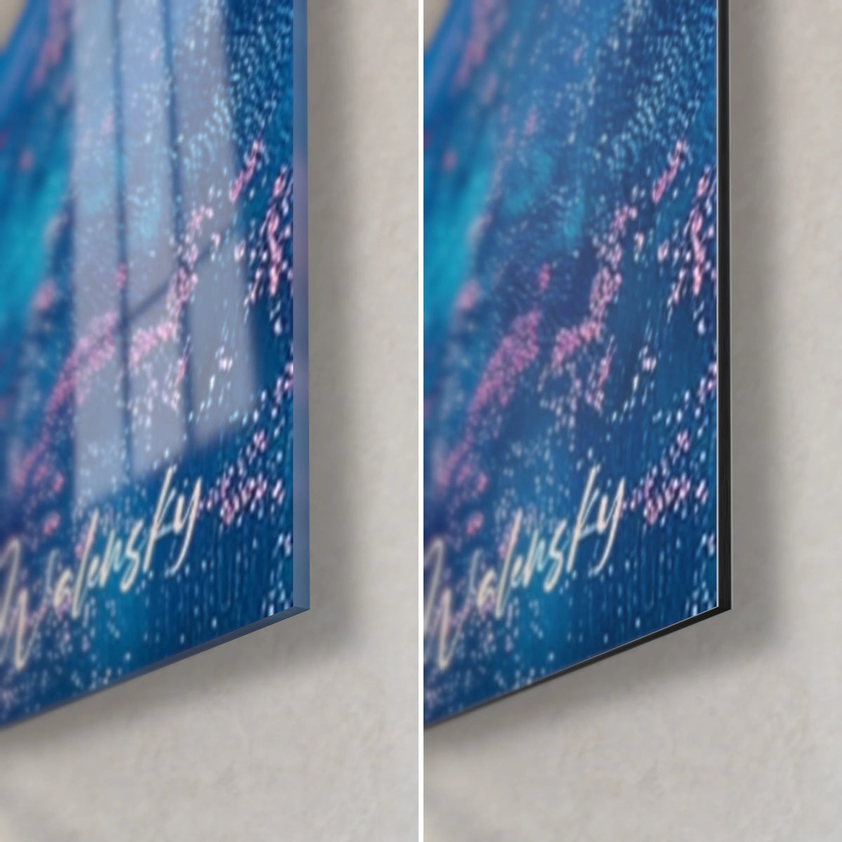 Tableau rivage abstrait bleu nuit et rose, coin bas droit : verre acrylique brillant et alu Dibond mat, tranche de 3 mm