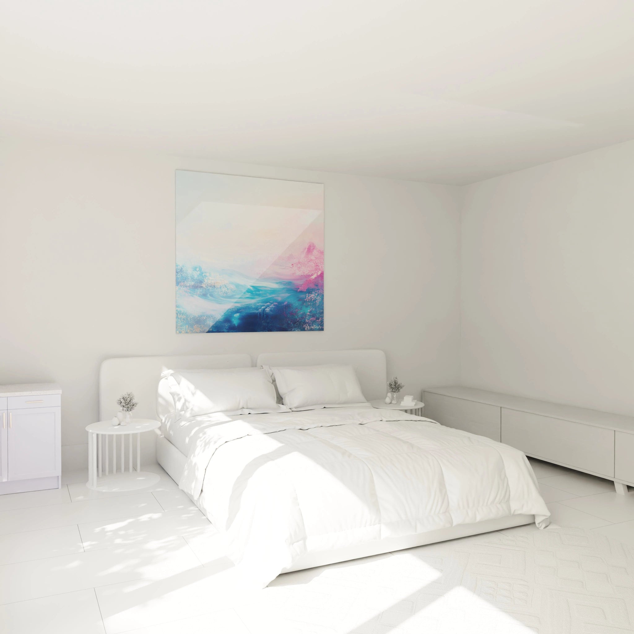 Tableau peinture abstrait Walensky avec des motifs de bleu et rose pour décorer une chambre moderne