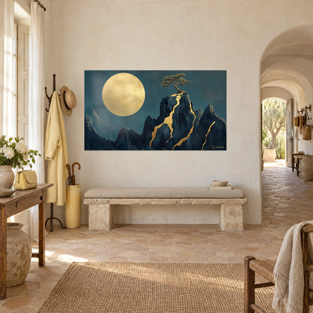 Wall art Japanese landscape, round ochre celestial body and black rock crossed by golden cracks, bonsai pine, rough-plastered wall of a Provençal farmhouse