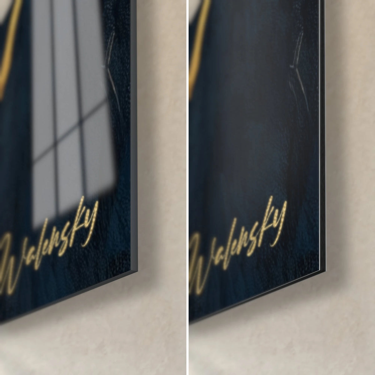 Wall art night mountain scene, bottom right corner: golden Walensky signature on midnight blue, glossy glass on the left, matte Dibond on the right