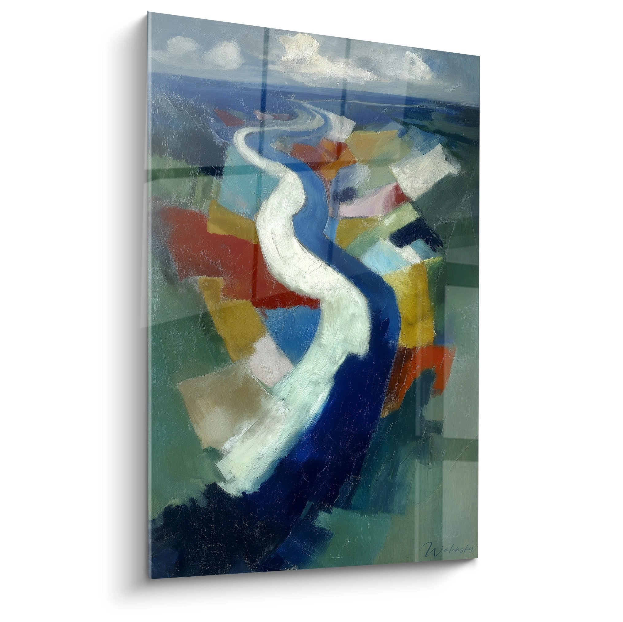 Tableau mural rivière abstraite colorée avec méandres bleus et berges multicolores style moderne