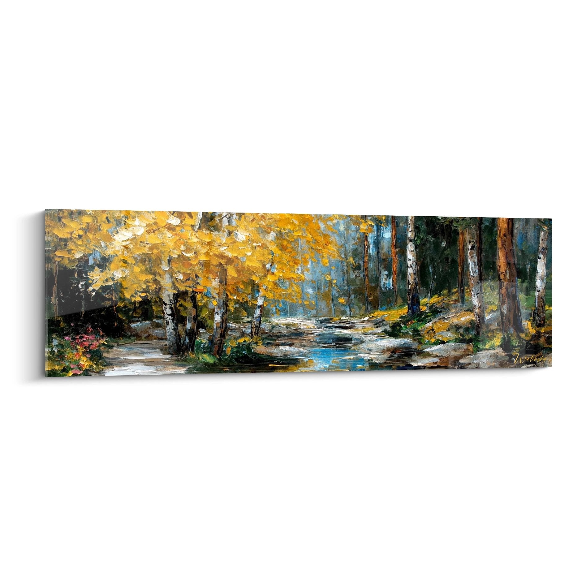Tableau mural rivière automnale avec bouleaux dorés et reflets dans l'eau, art nature forêt