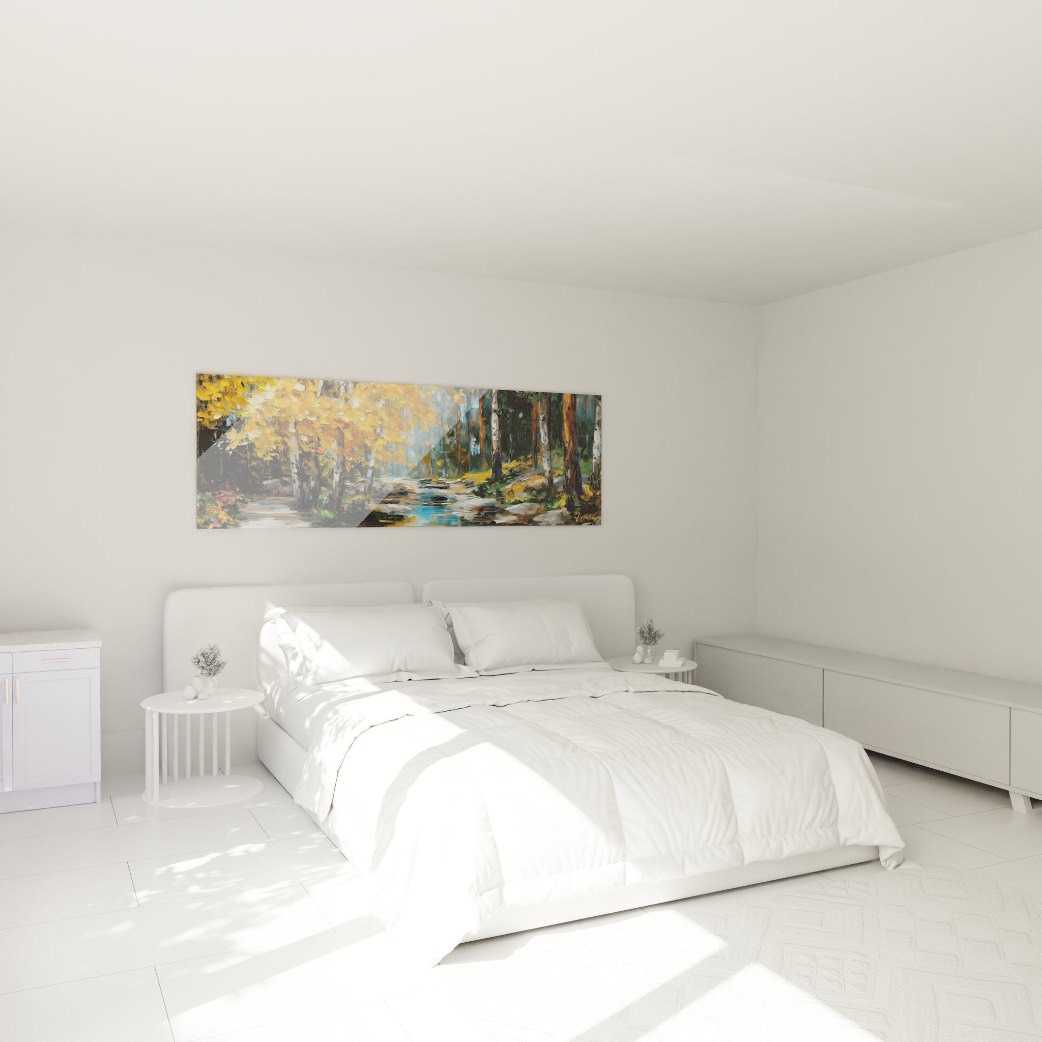 Tableau rivière automnale décorant une chambre moderne, ambiance nature apaisante