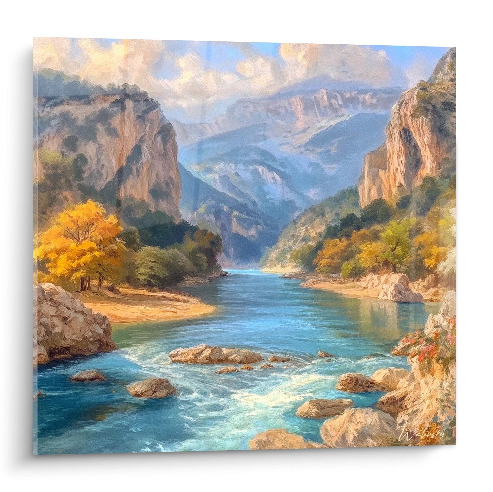 Tableau mural rivière canyon avec falaises rocheuses et végétation automnale aux tons dorés