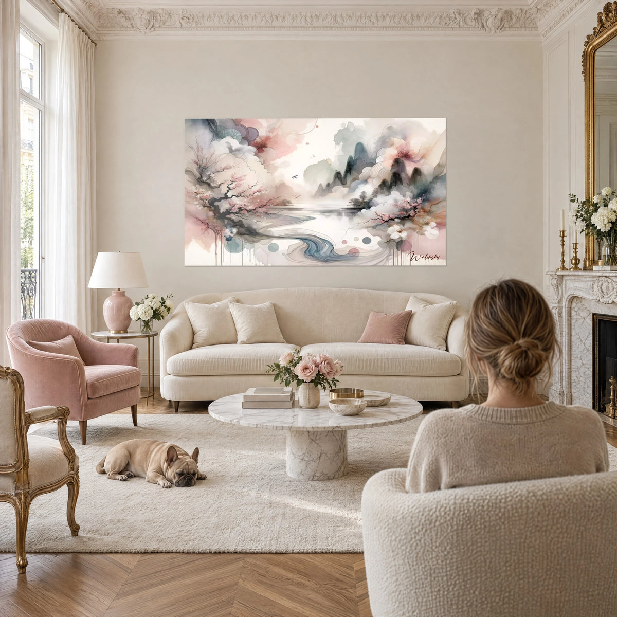 Wall art ink landscape of grey mountains and pale pink cherry blossom, woman from behind and bulldog, above a sofa in a bright living room