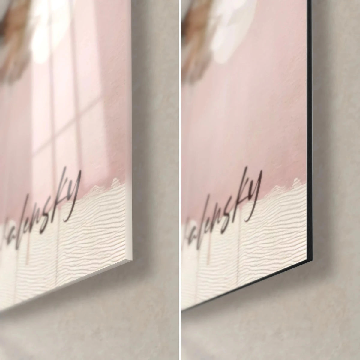 Wall art dream river, bottom right corner: brown Walensky signature on pink and cream background, glossy glass on the left, matte black Dibond on the right