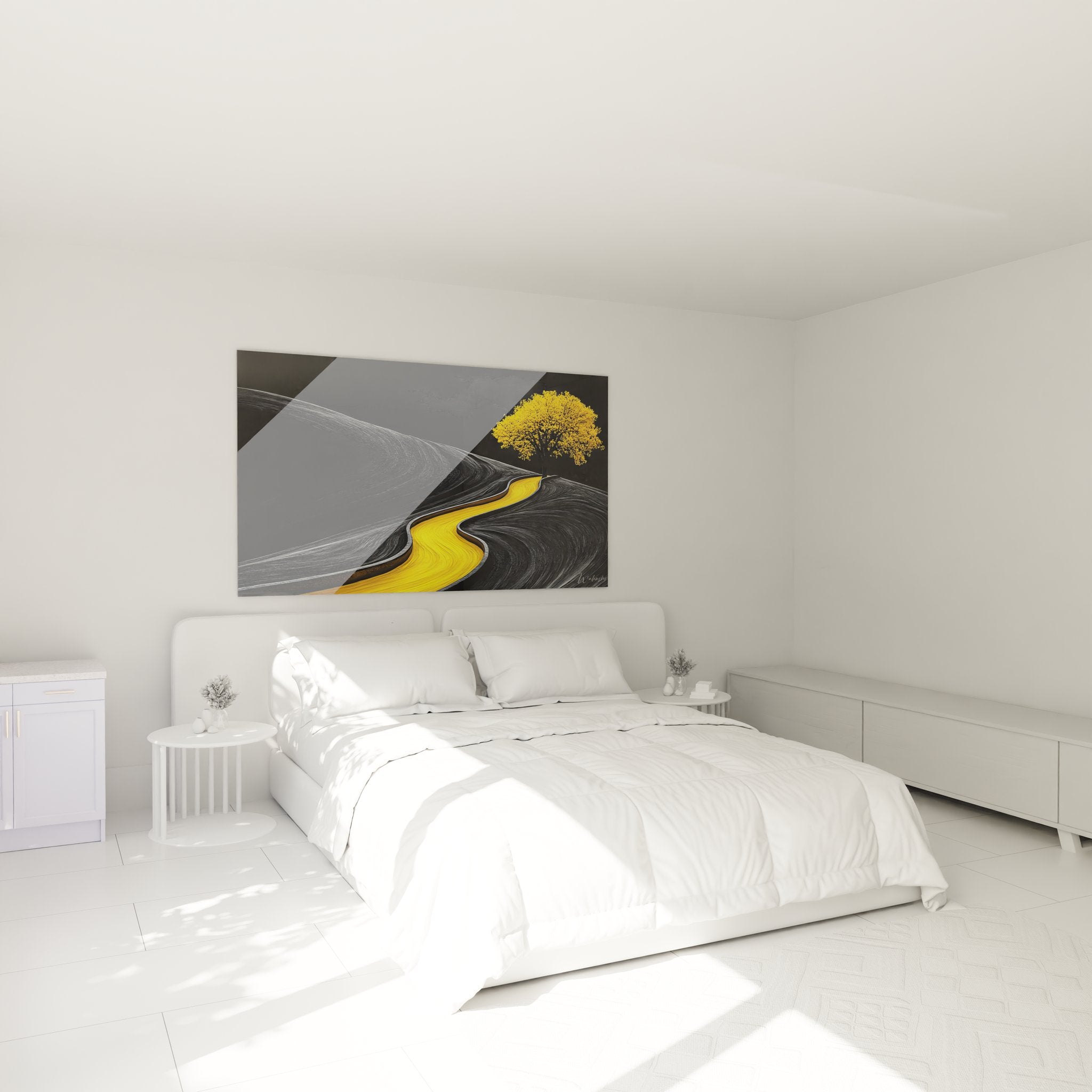 Tableau paysage abstrait rivière dorée dans ambiance chambre moderne décoration murale