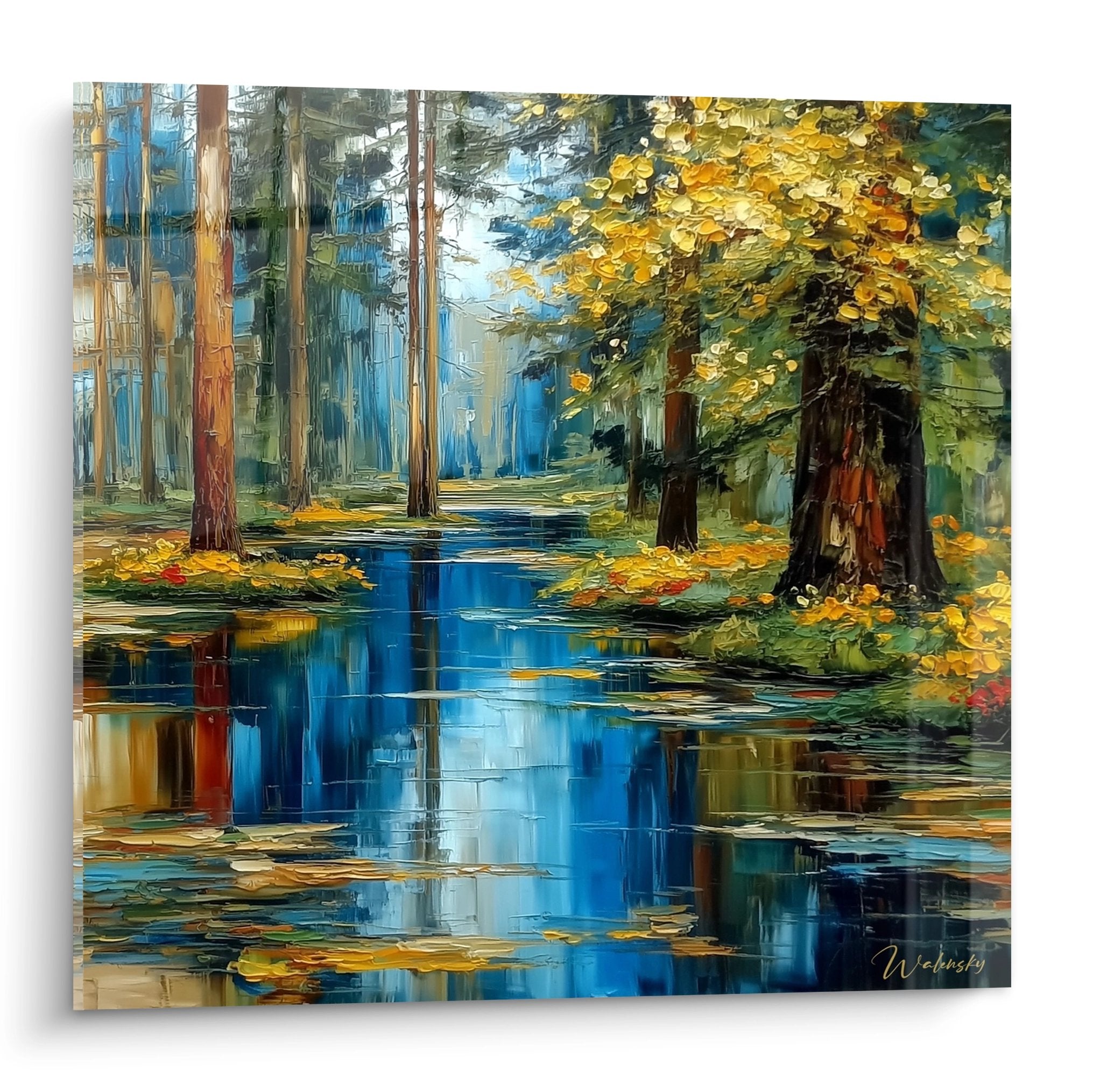 Tableau mural rivière forestière automne reflets dorés feuillages jaunes cuivrés eau bleue nature impressionniste Walensky