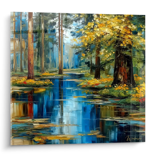 Quadro murale fiume foresta autunno riflessi dorati fogliame giallo ramato acqua blu natura impressionista Walensky