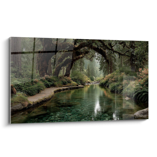 Wandgemälde mit Waldfluss und smaragdgrünem Wasser in mystischem Wald mit Farnen und hundertjährigen Bäumen