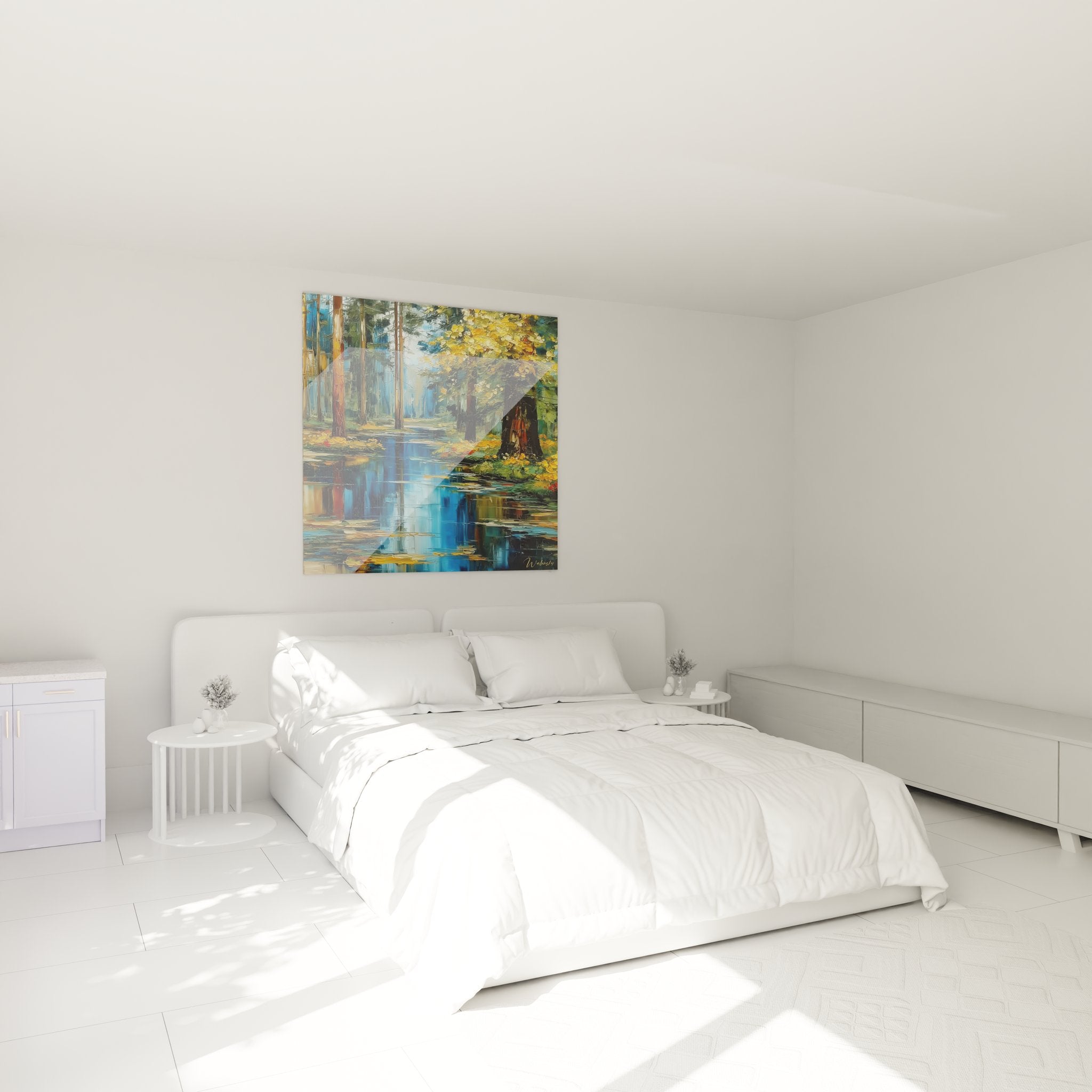 Décoration chambre tableau rivière forestière automne ambiance chaleureuse couleurs dorées nature apaisante