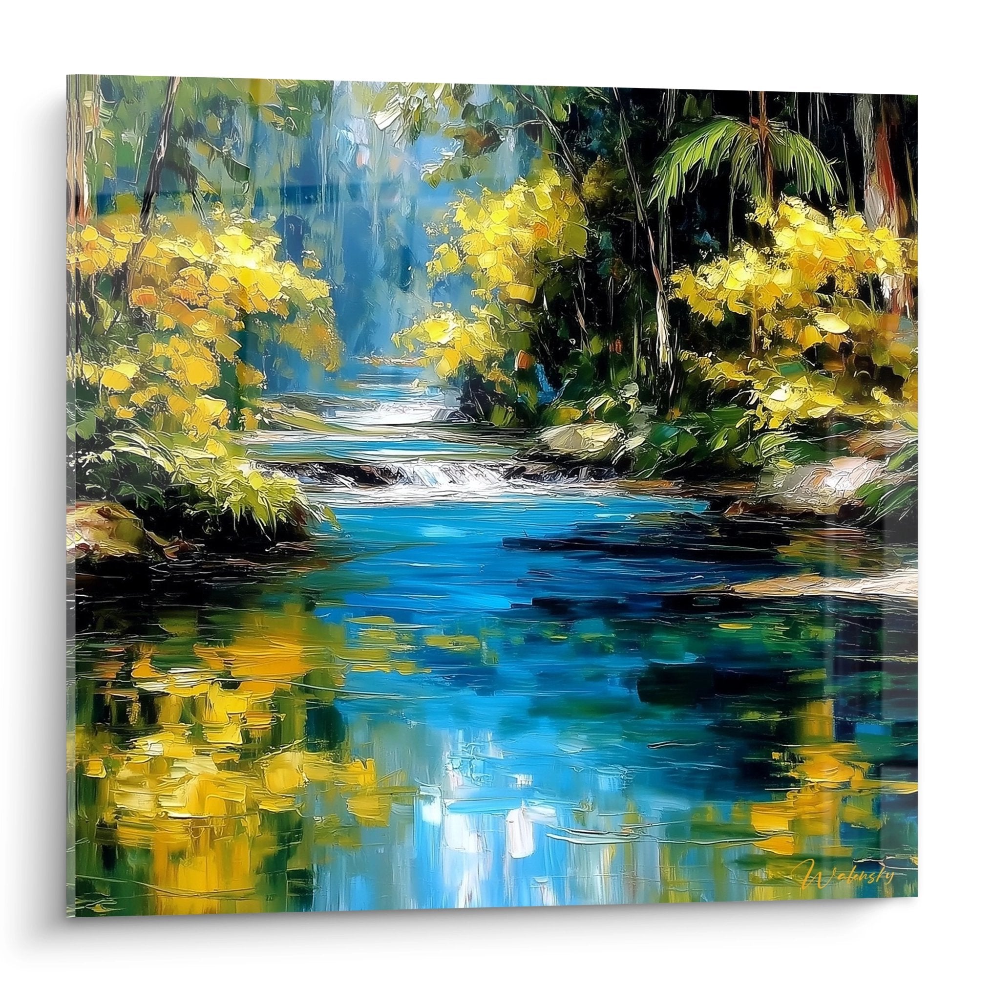 Tableau mural rivière forêt tropicale reflets dorés palmiers cascades peinture impressionniste moderne